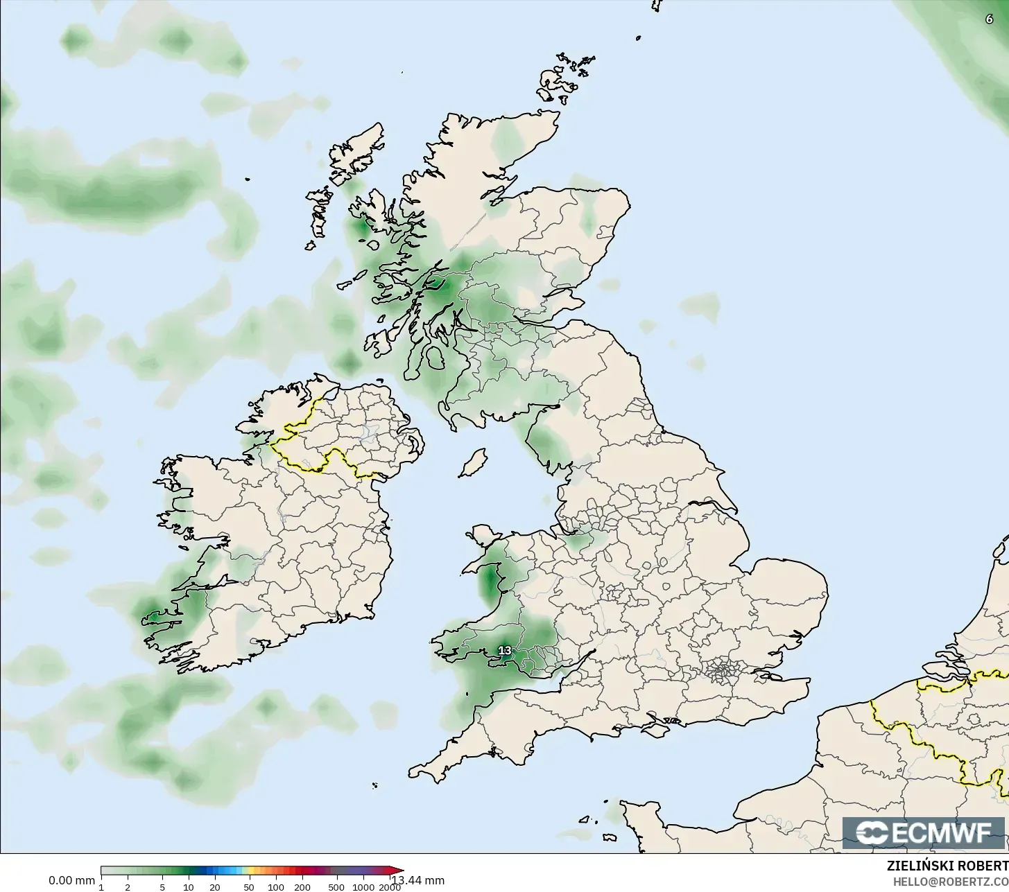 ECMWF IFS 0.25° model - Britania Raya, Akumulasi Curah Hujan