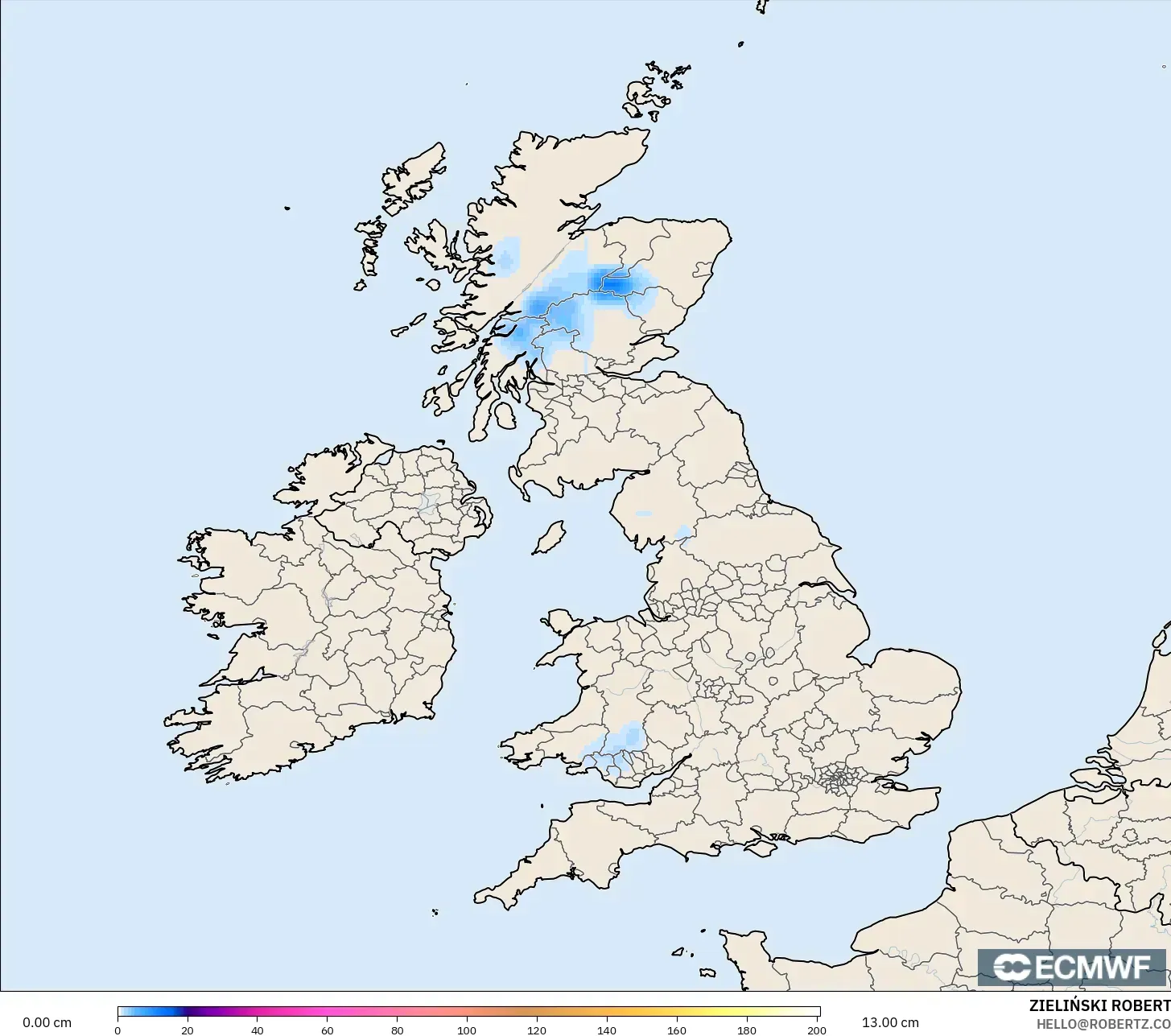 ECMWF IFS 0.25° model - Britania Raya, Kedalaman Salju