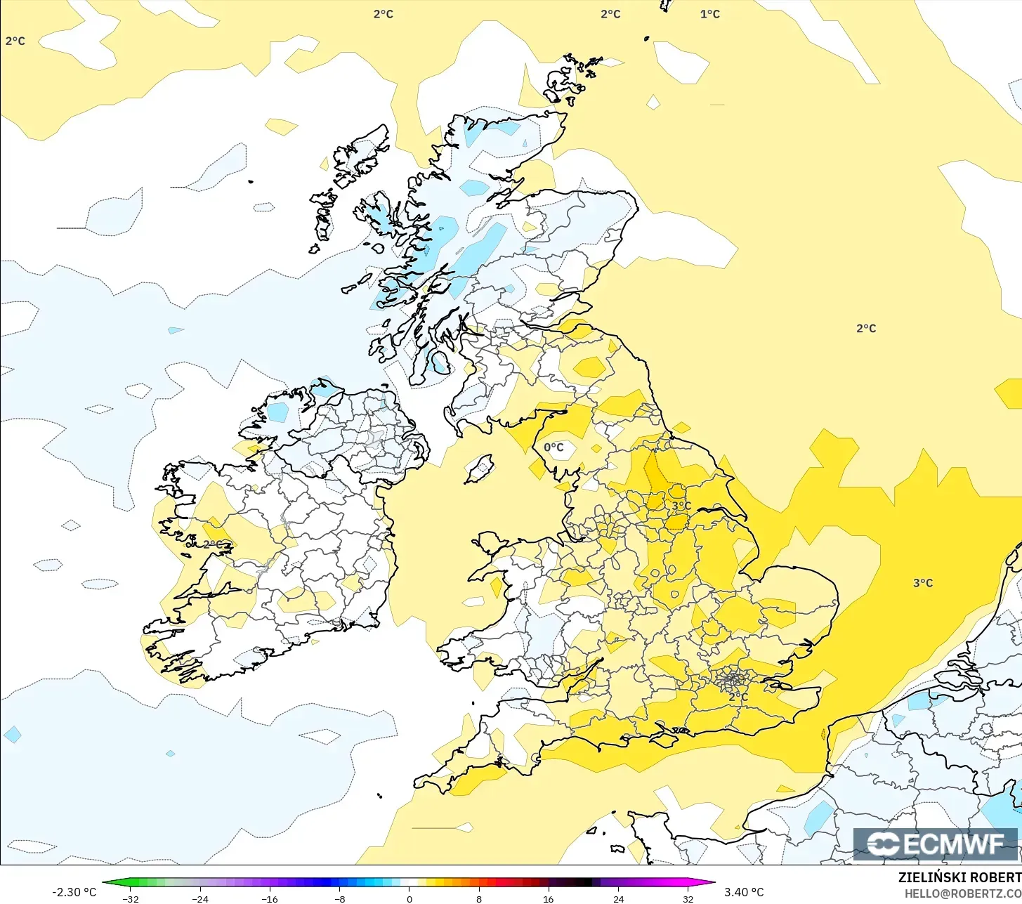 ECMWF IFS 0.25° model - Britania Raya, Anomali Suhu 2 m