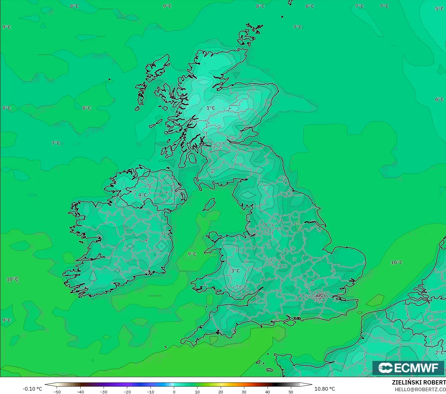 ECMWF IFS 0.25° model - Britania Raya, Suhu 2 m