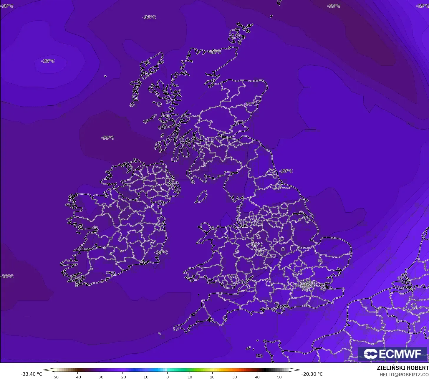 ECMWF IFS 0.25° model - Britania Raya, Suhu 500 hPa