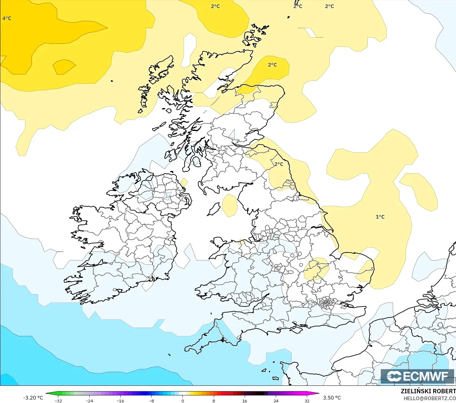ECMWF IFS 0.25° model - Britania Raya, Anomali Suhu 850 hPa