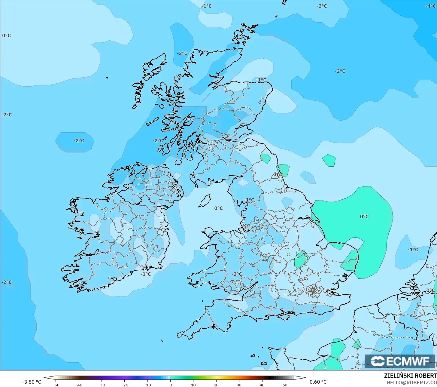 ECMWF IFS 0.25° model - Britania Raya, Suhu 850 hPa