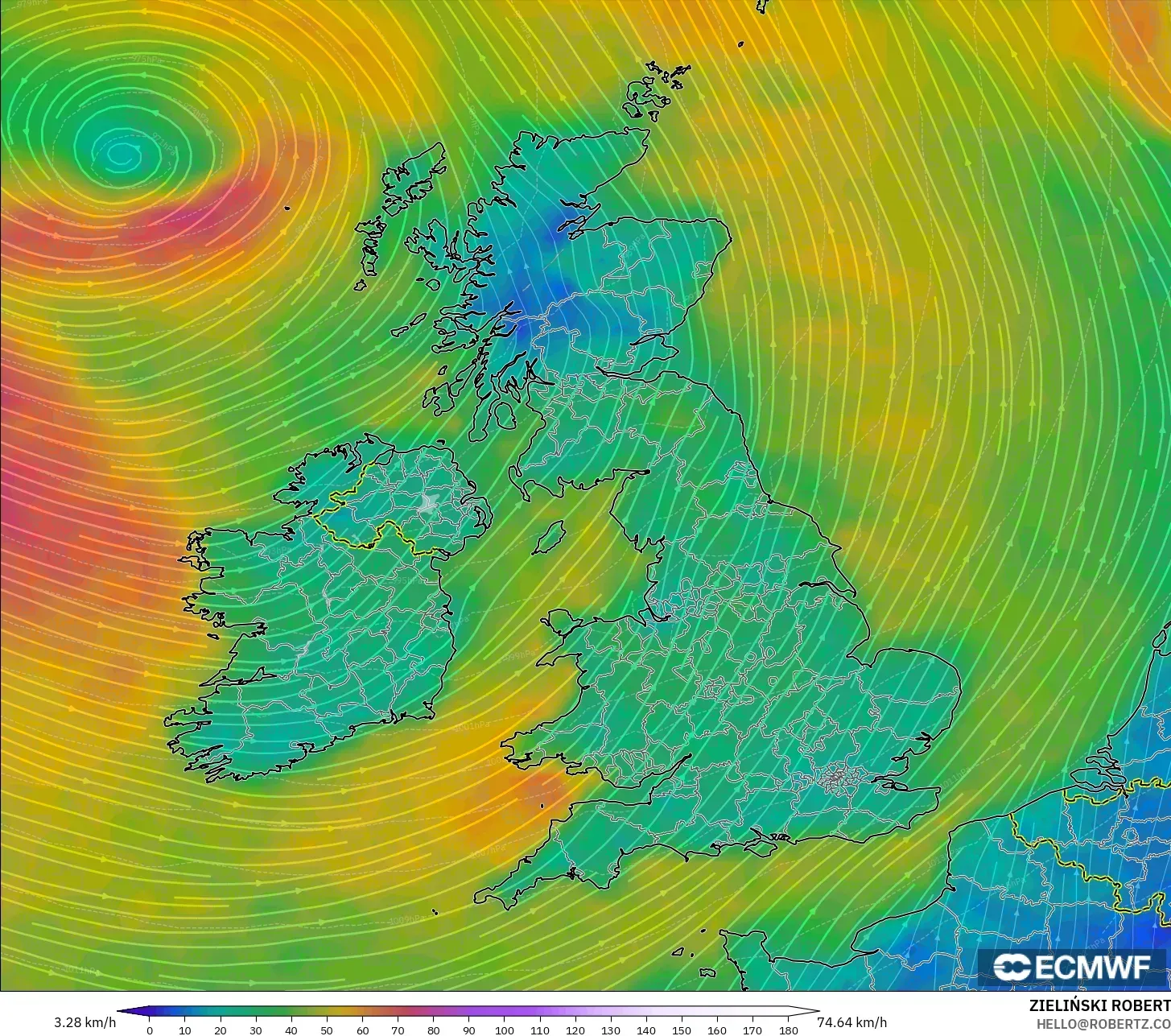 ECMWF IFS 0.25° model - Britania Raya, Angin 10 m
