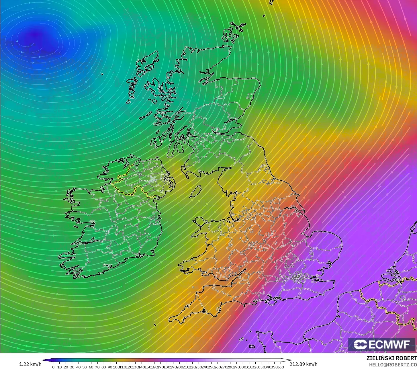ECMWF IFS 0.25° model - Britania Raya, Angin 300 hPa (aliran jet)