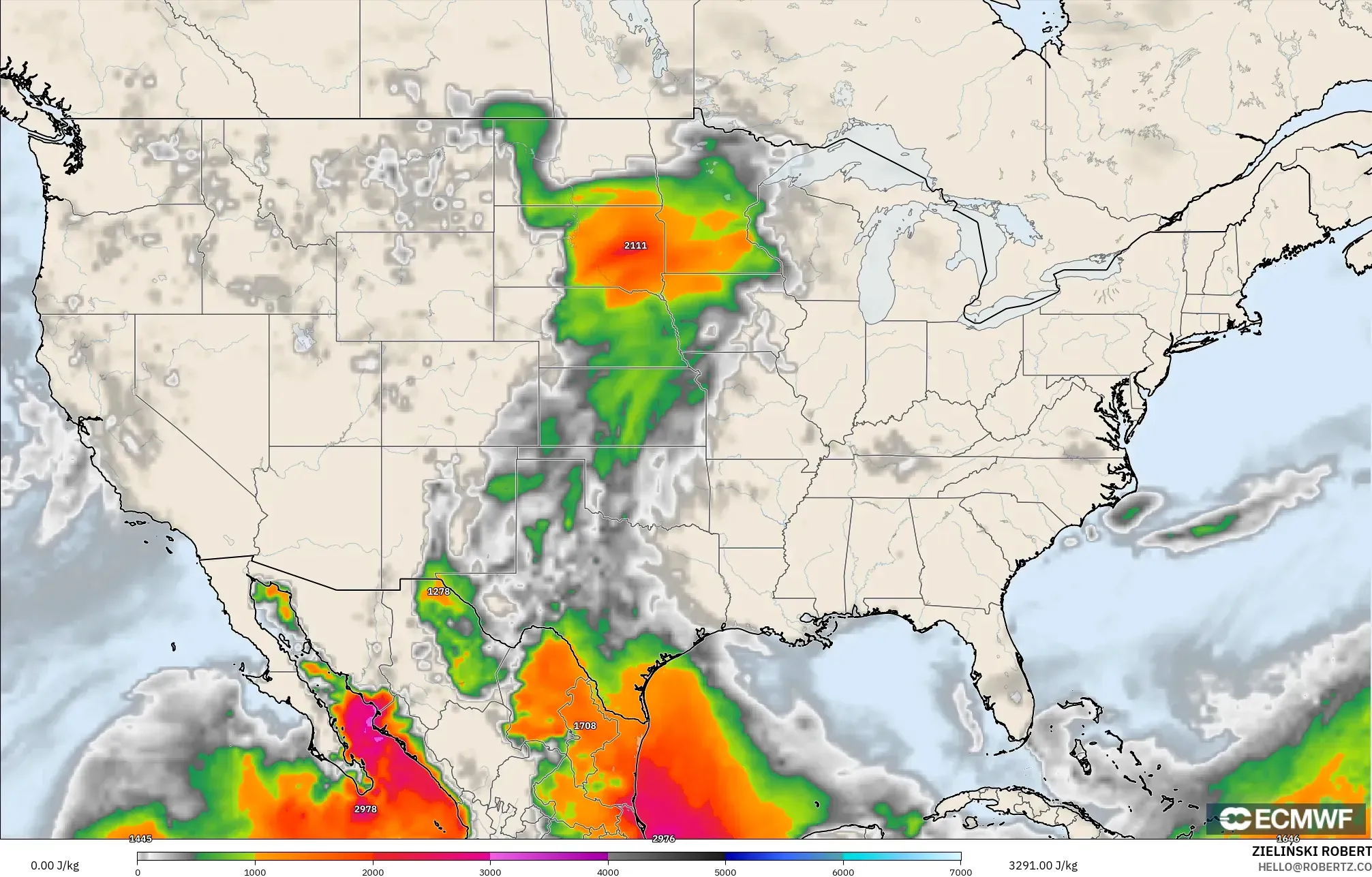ECMWF IFS 0.25° model - Amerika Serikat, CAPE