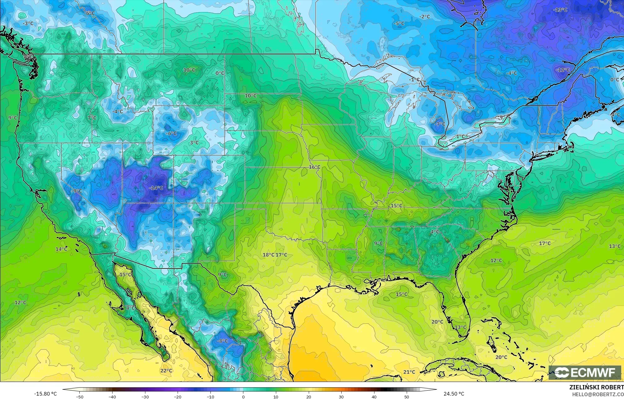 ECMWF IFS 0.25° model - Amerika Serikat, Titik Embun 2 m