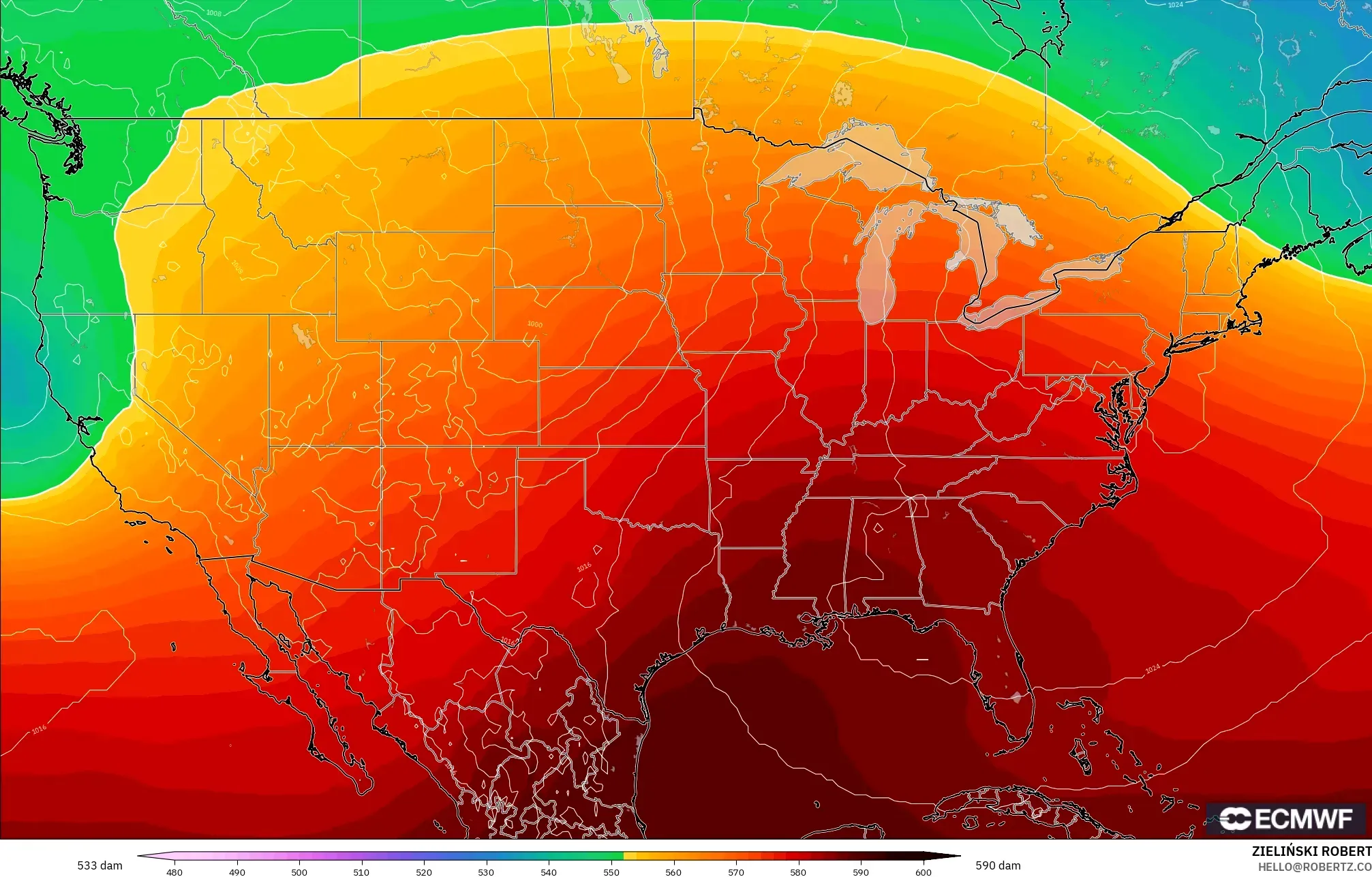 ECMWF IFS 0.25° model - Amerika Serikat, Ketinggian geopotensial pada 500 hPa