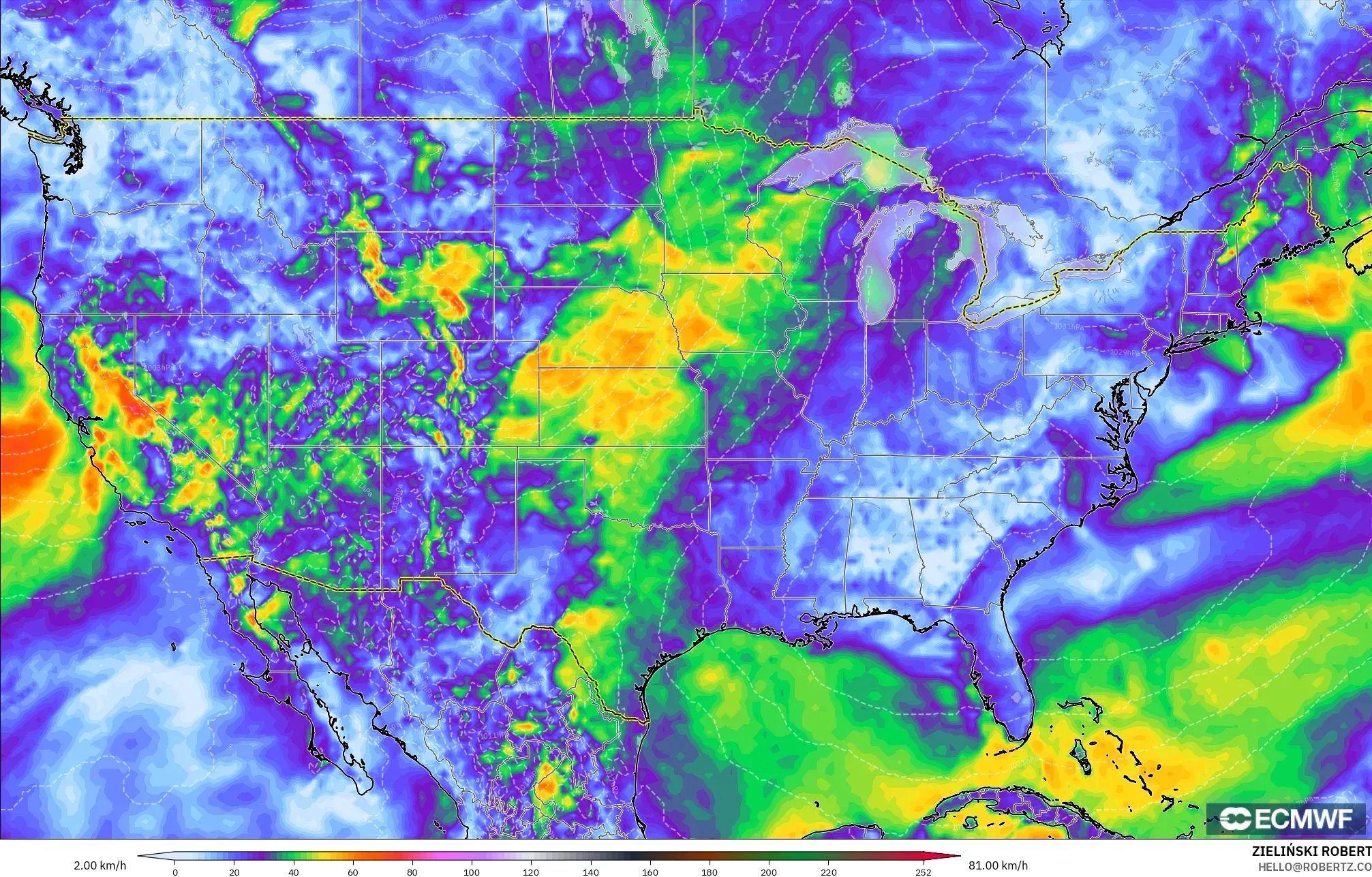ECMWF IFS 0.25° model - Amerika Serikat, Puncak Hembusan
