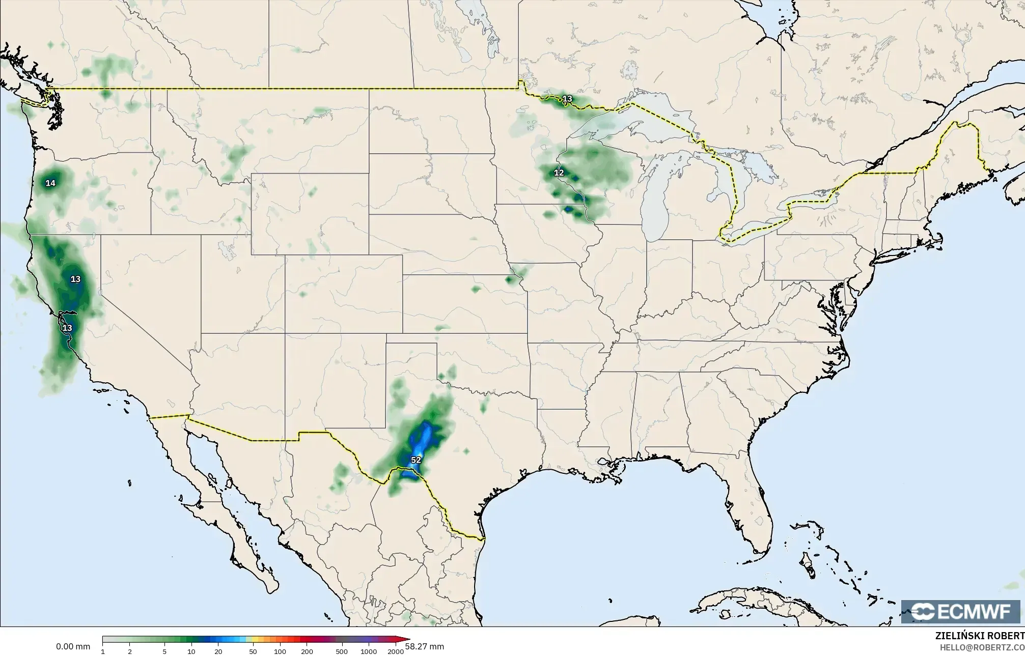 ECMWF IFS 0.25° model - Amerika Serikat, Akumulasi Curah Hujan