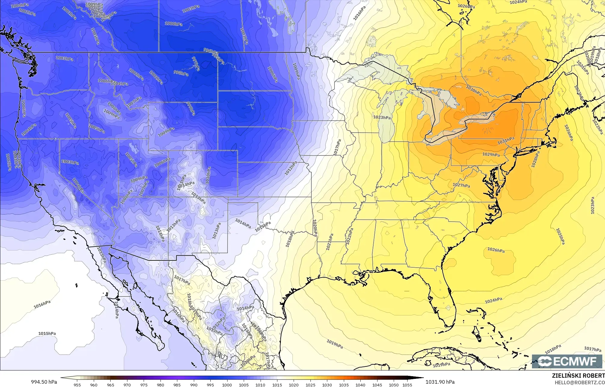 ECMWF IFS 0.25° model - Amerika Serikat, Tekanan