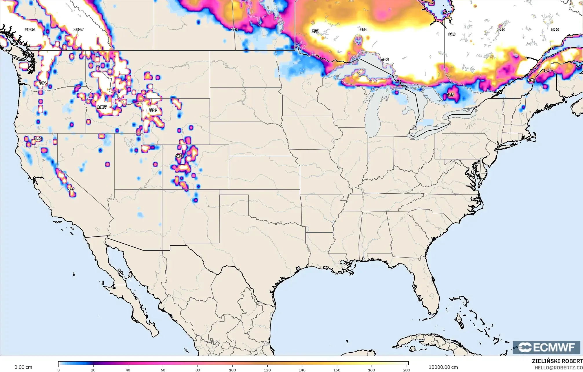 ECMWF IFS 0.25° model - Amerika Serikat, Kedalaman Salju