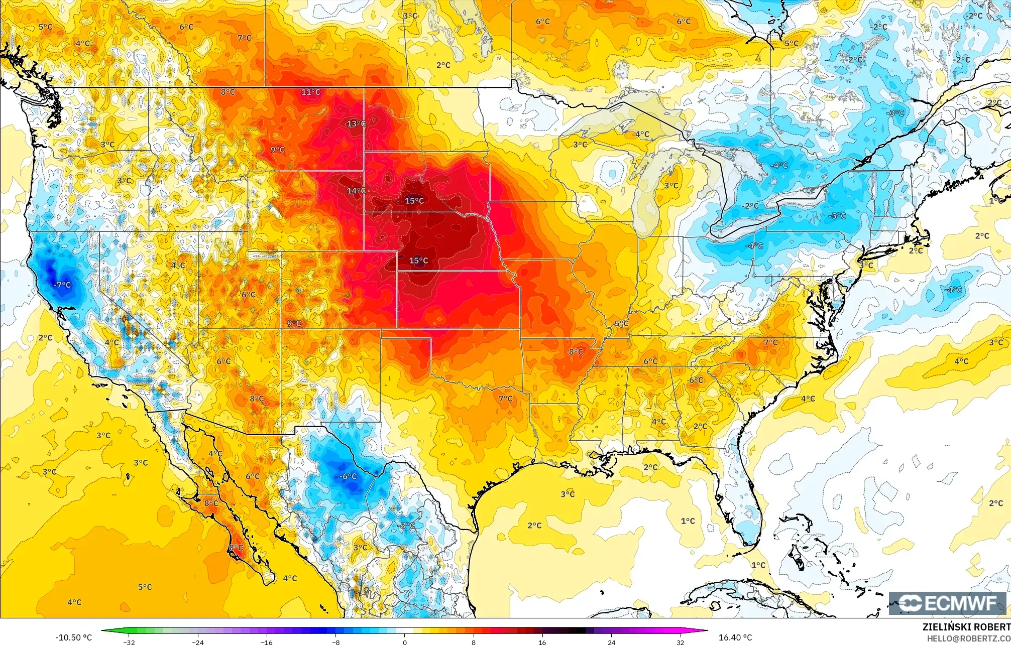 ECMWF IFS 0.25° model - Amerika Serikat, Anomali Suhu 2 m