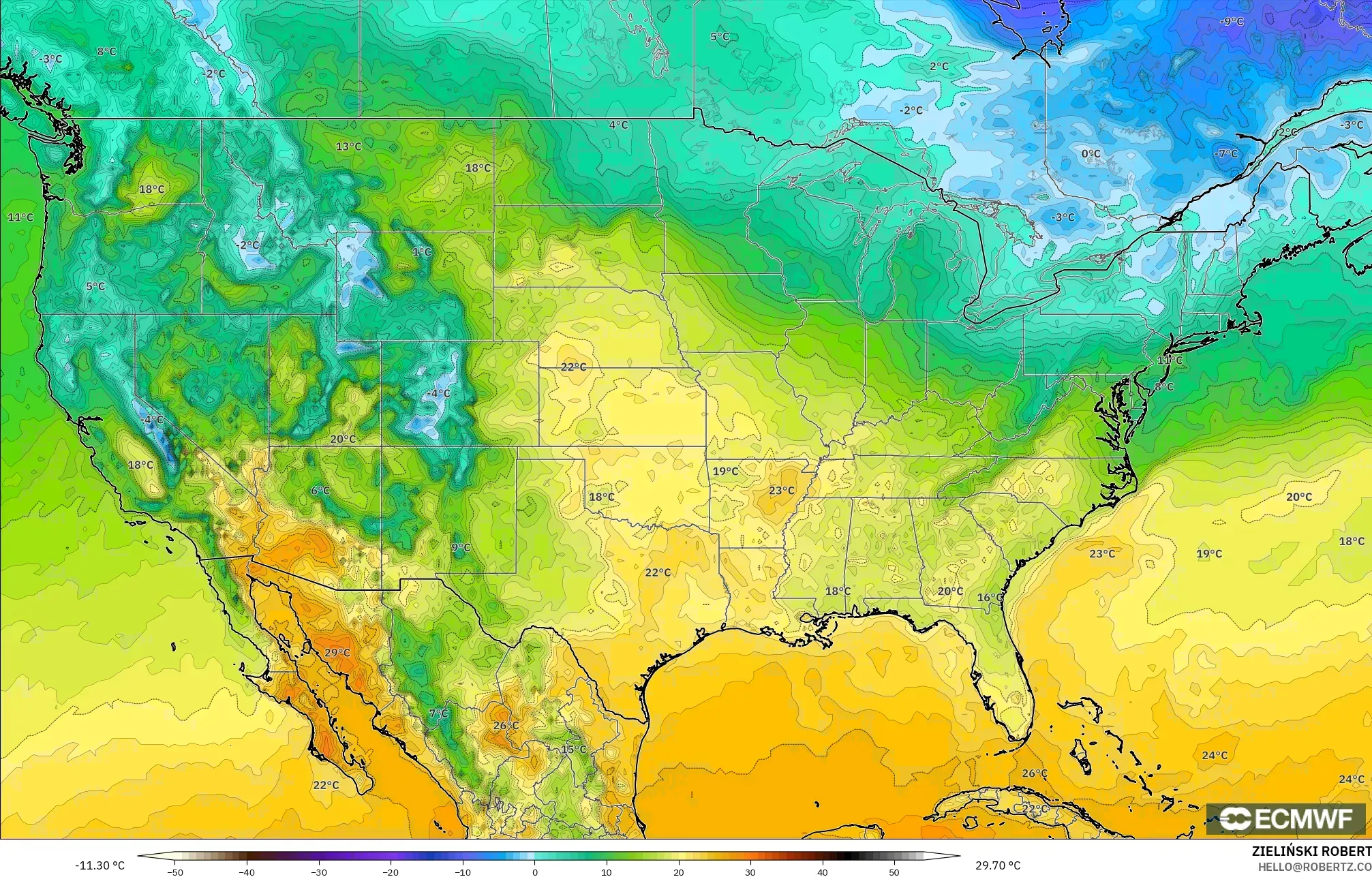 ECMWF IFS 0.25° model - Amerika Serikat, Suhu 2 m