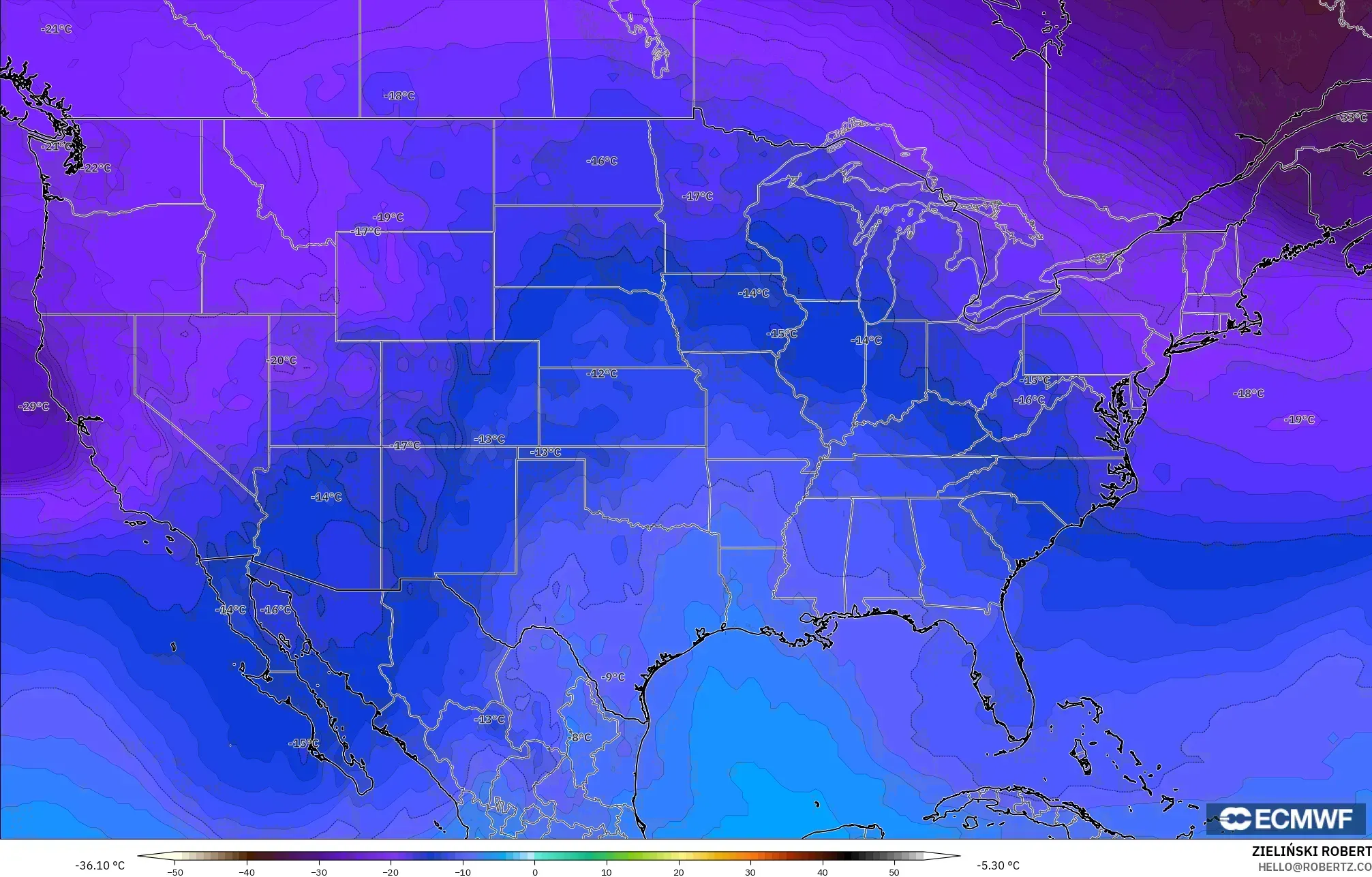 ECMWF IFS 0.25° model - Amerika Serikat, Suhu 500 hPa