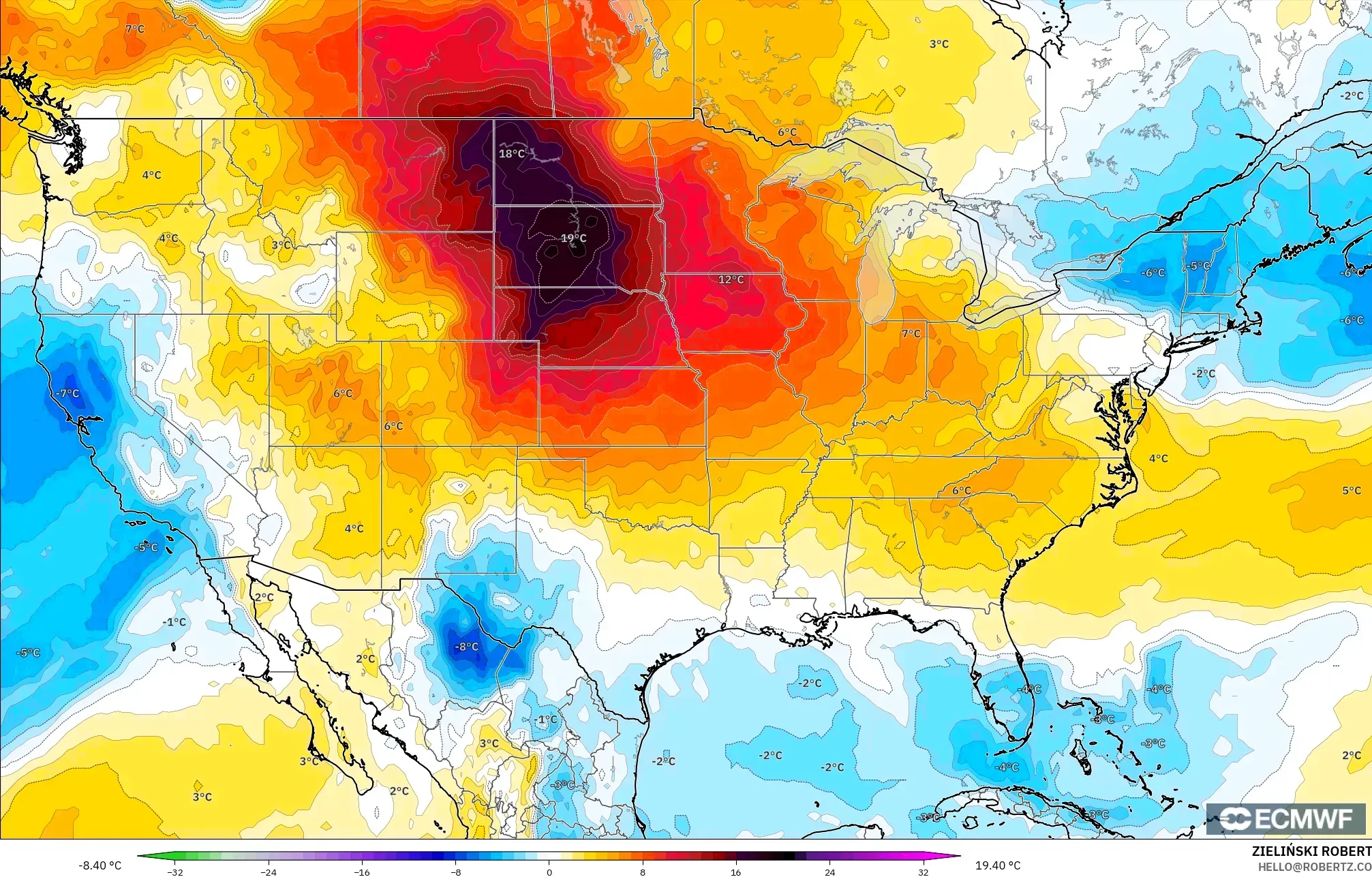 ECMWF IFS 0.25° model - Amerika Serikat, Anomali Suhu 850 hPa