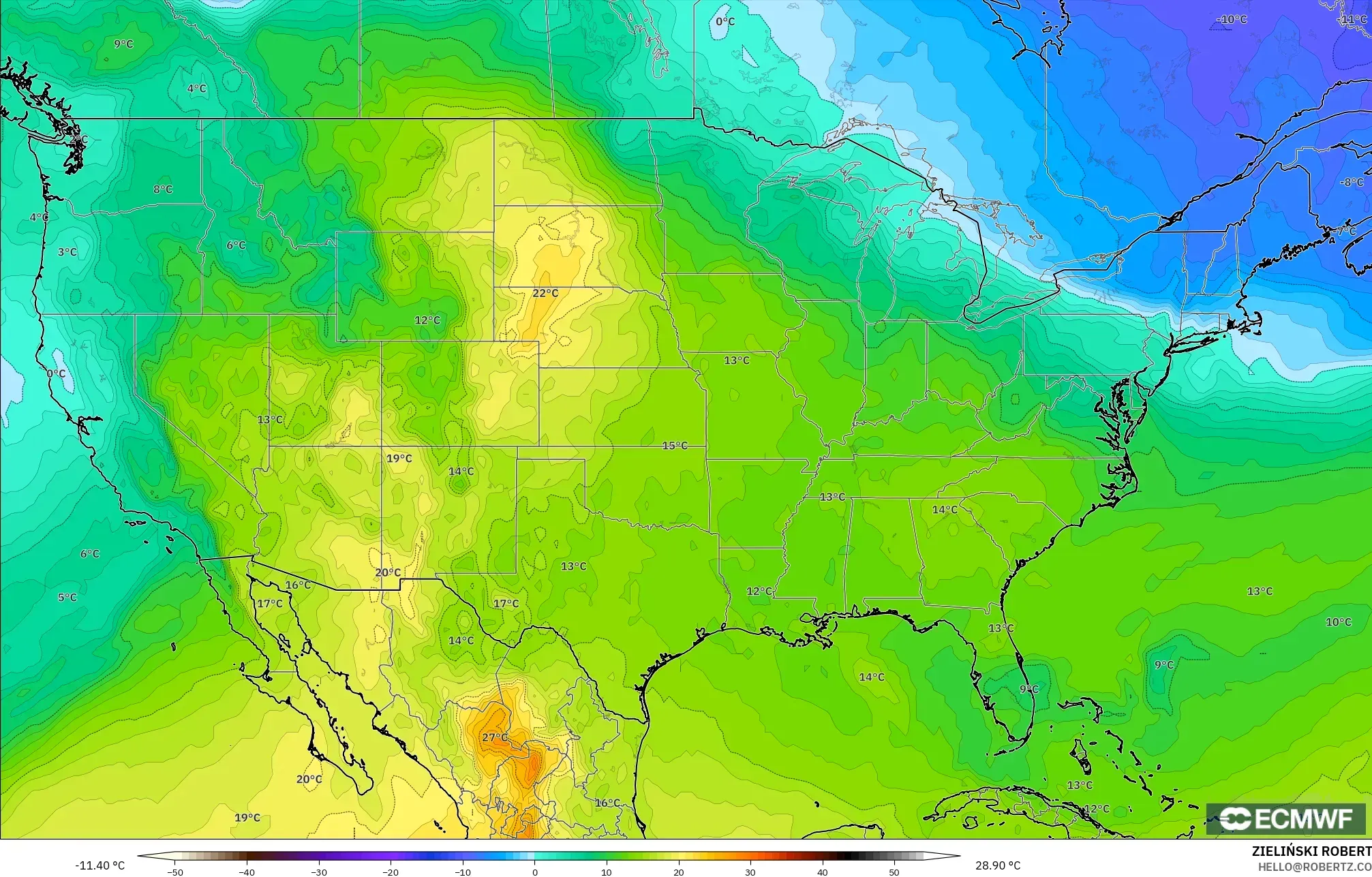 ECMWF IFS 0.25° model - Amerika Serikat, Suhu 850 hPa