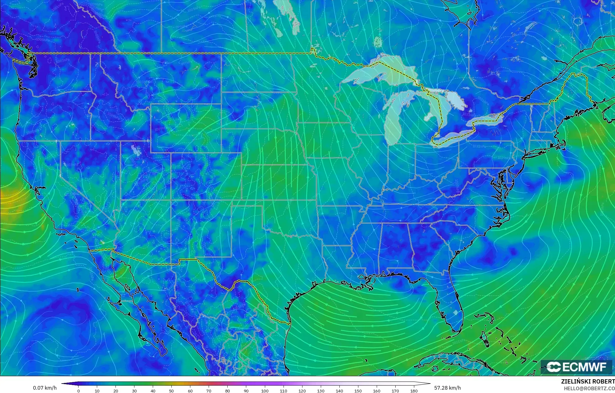ECMWF IFS 0.25° model - Amerika Serikat, Angin 10 m