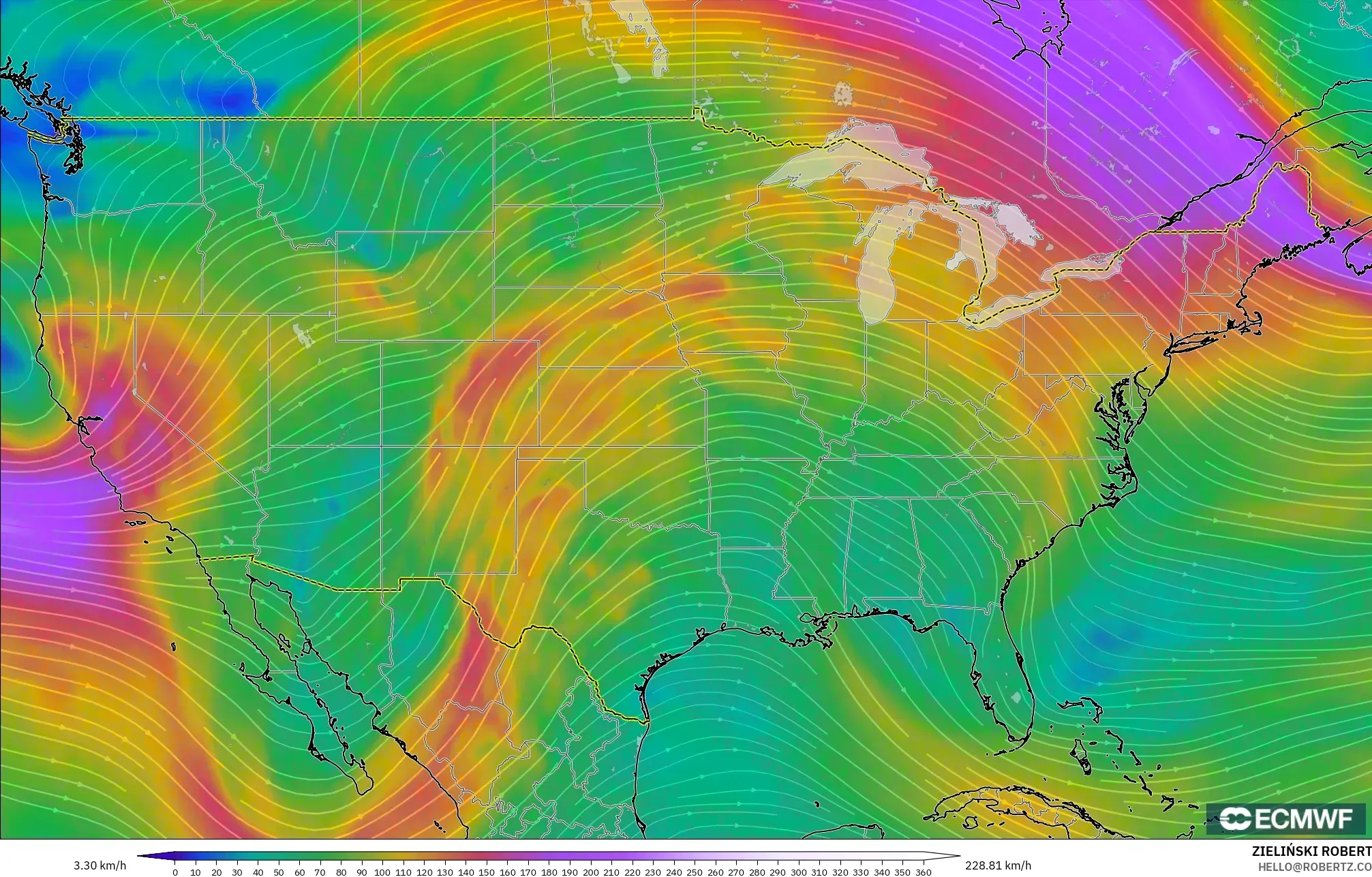 ECMWF IFS 0.25° model - Amerika Serikat, Angin 300 hPa (aliran jet)