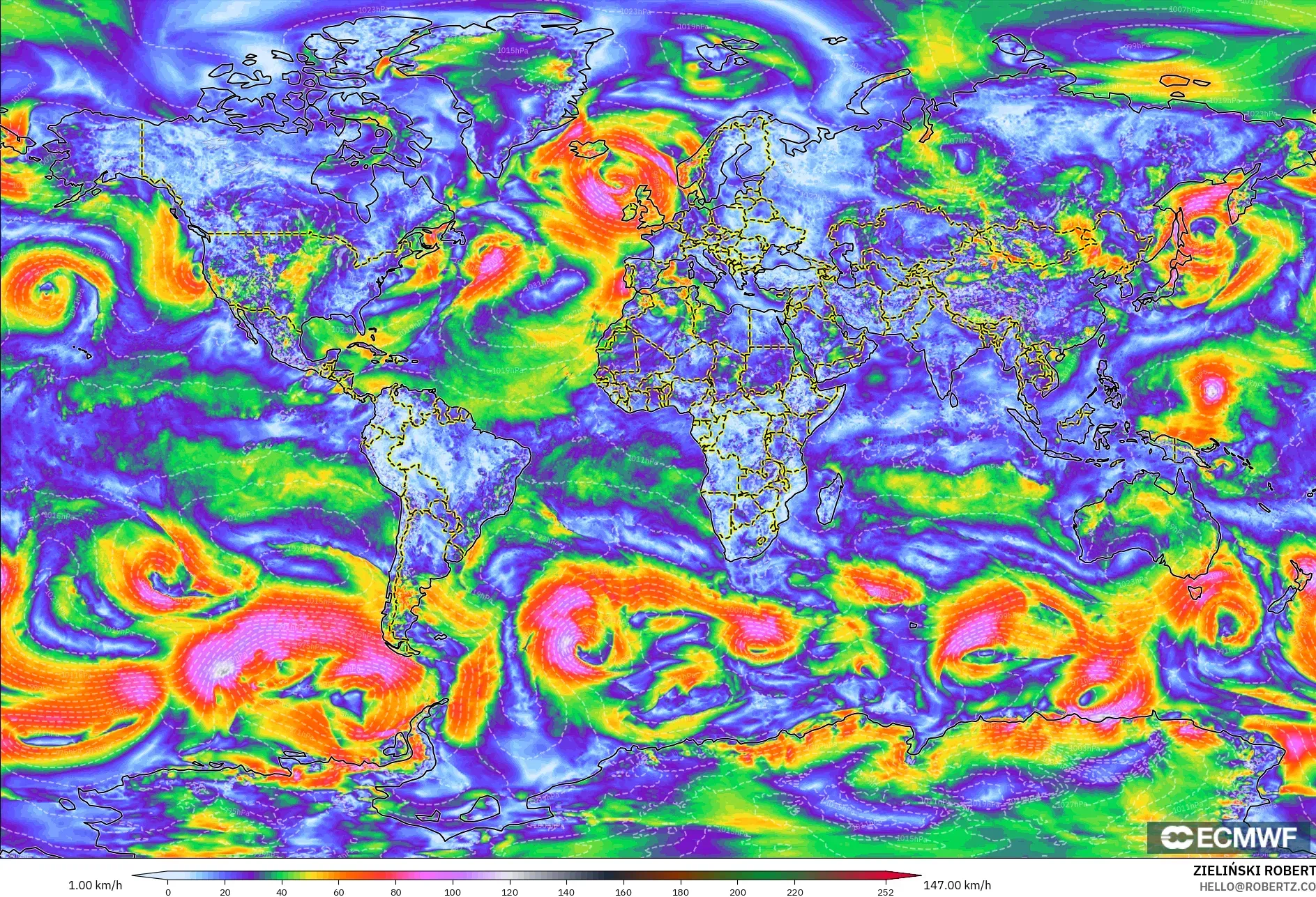 ECMWF IFS 0.25° model - Dunia, Puncak Hembusan