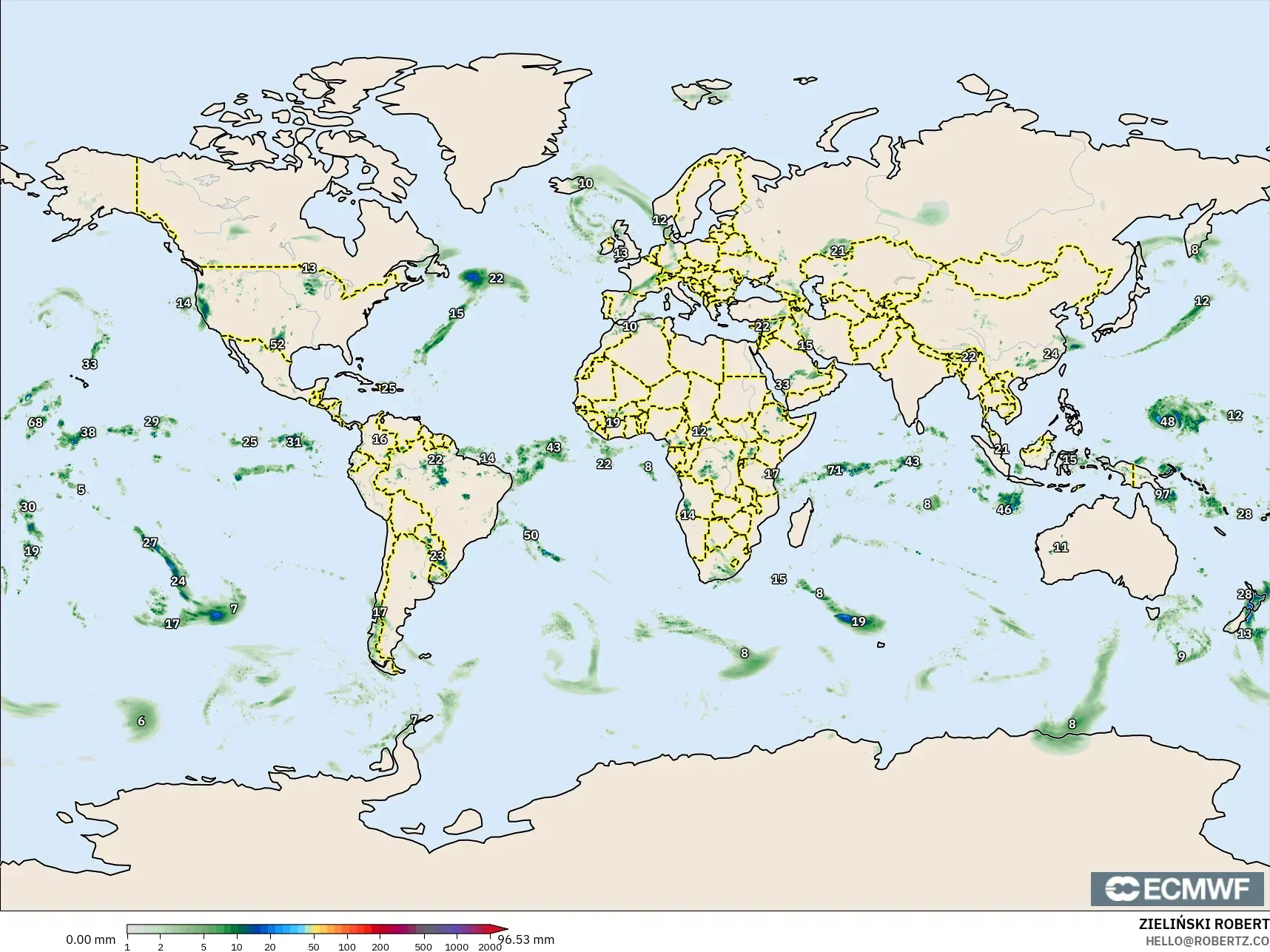 ECMWF IFS 0.25° model - Dunia, Akumulasi Curah Hujan