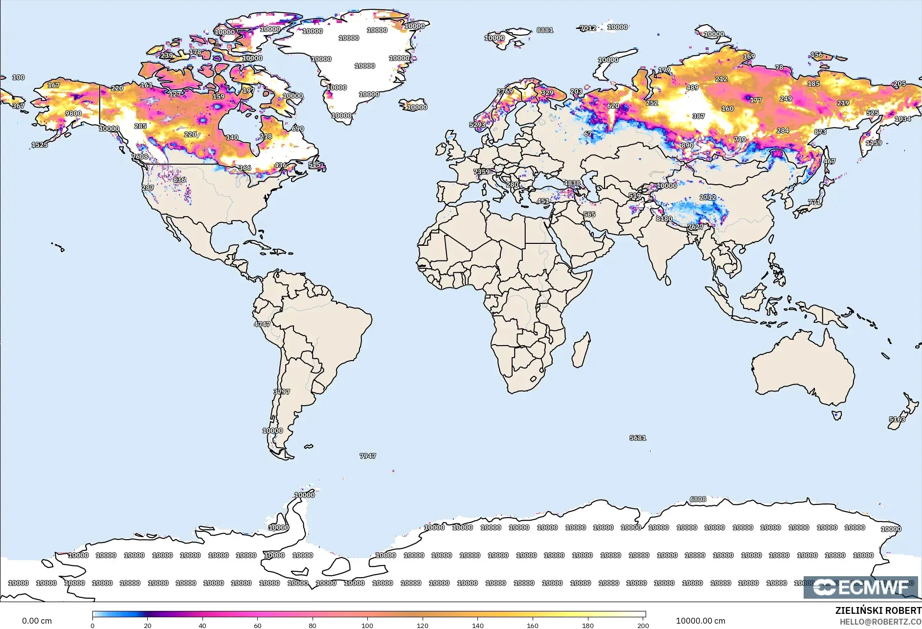 ECMWF IFS 0.25° model - Dunia, Kedalaman Salju
