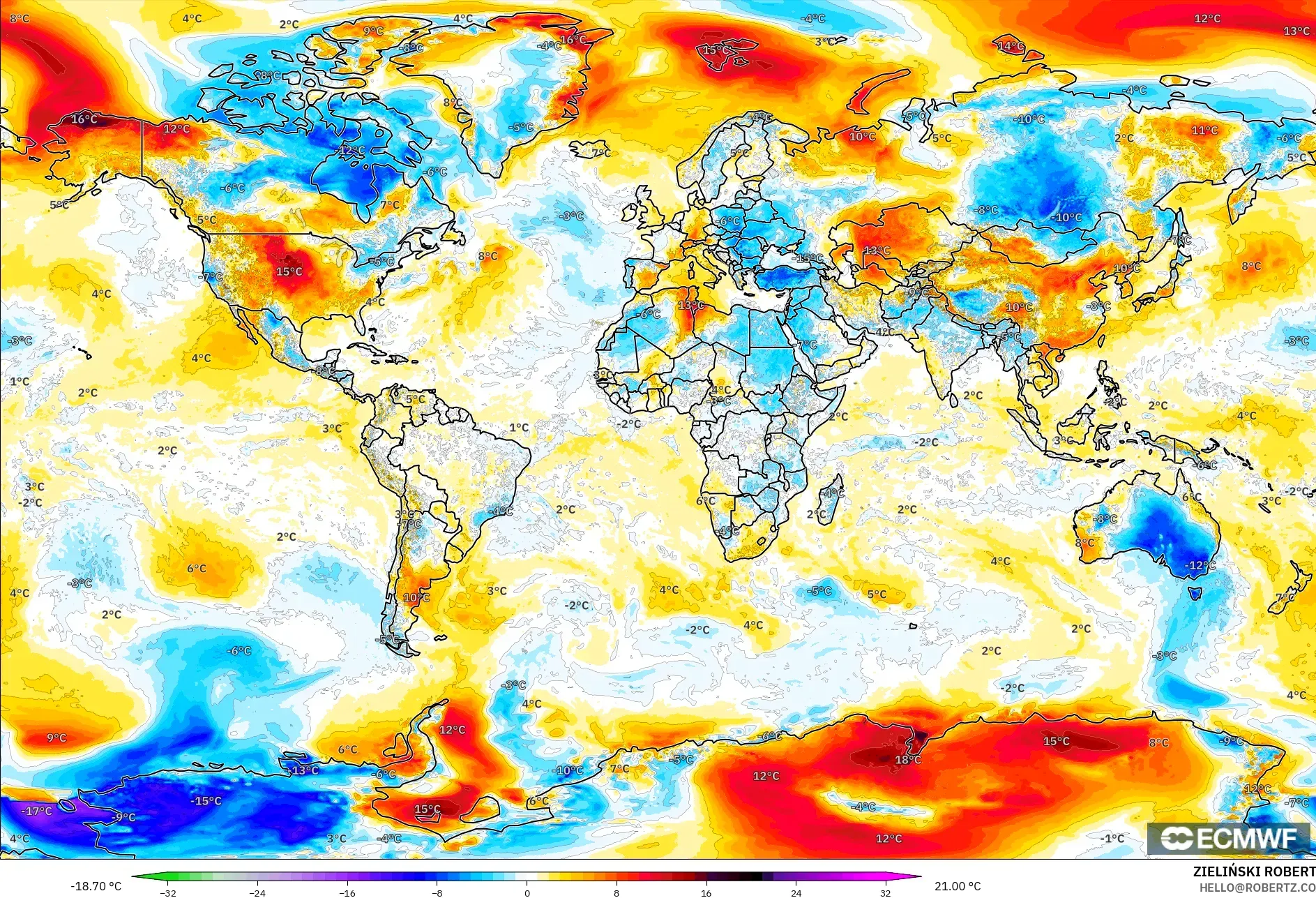 ECMWF IFS 0.25° model - Dunia, Anomali Suhu 2 m