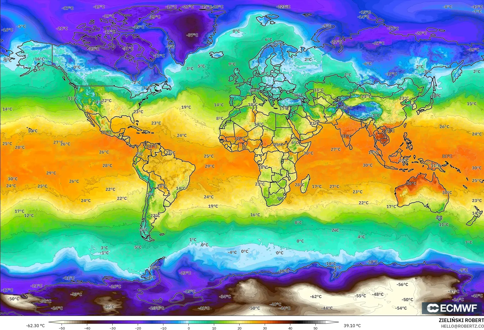 ECMWF IFS 0.25° model - Dunia, Suhu 2 m