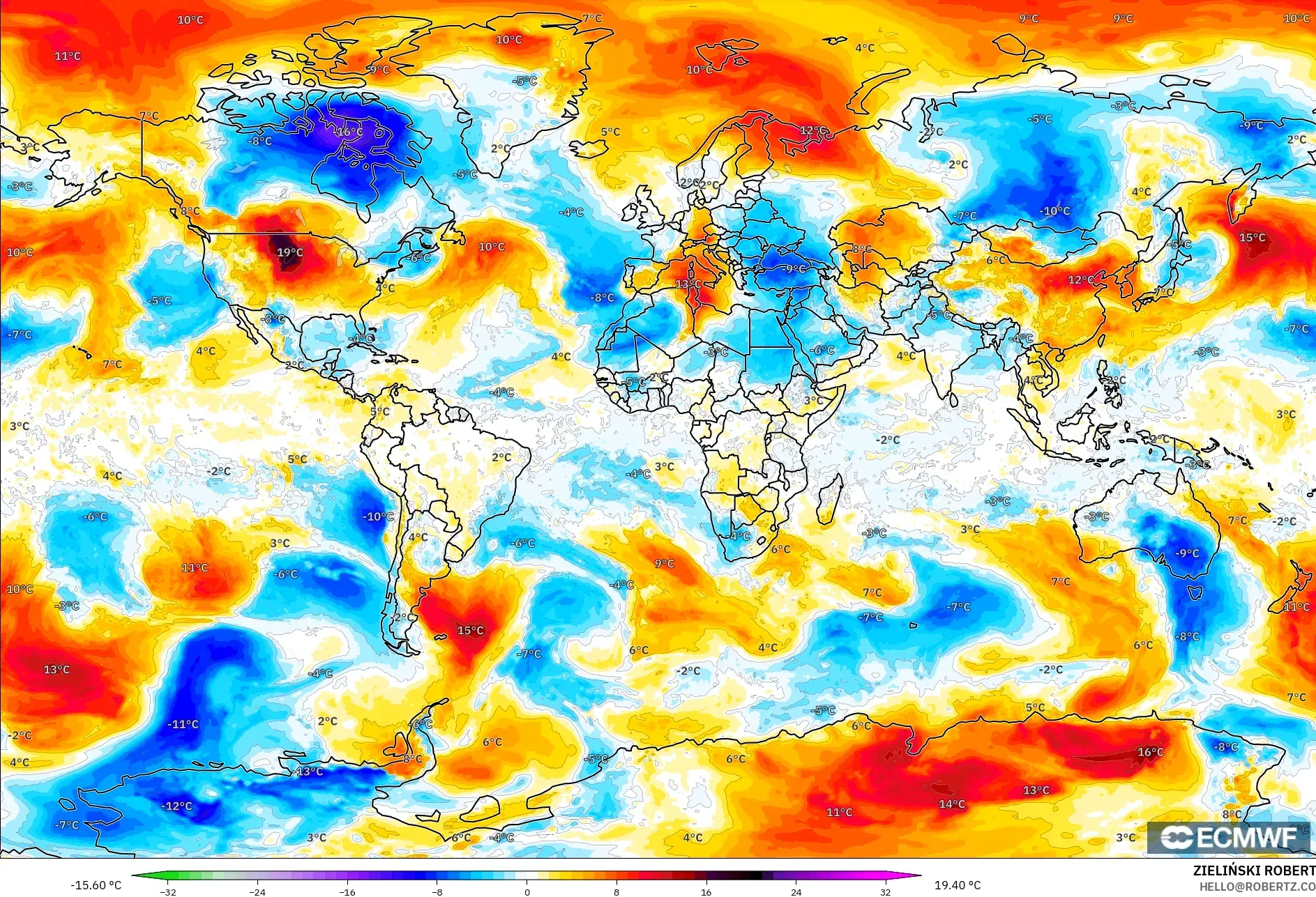 ECMWF IFS 0.25° model - Dunia, Anomali Suhu 850 hPa