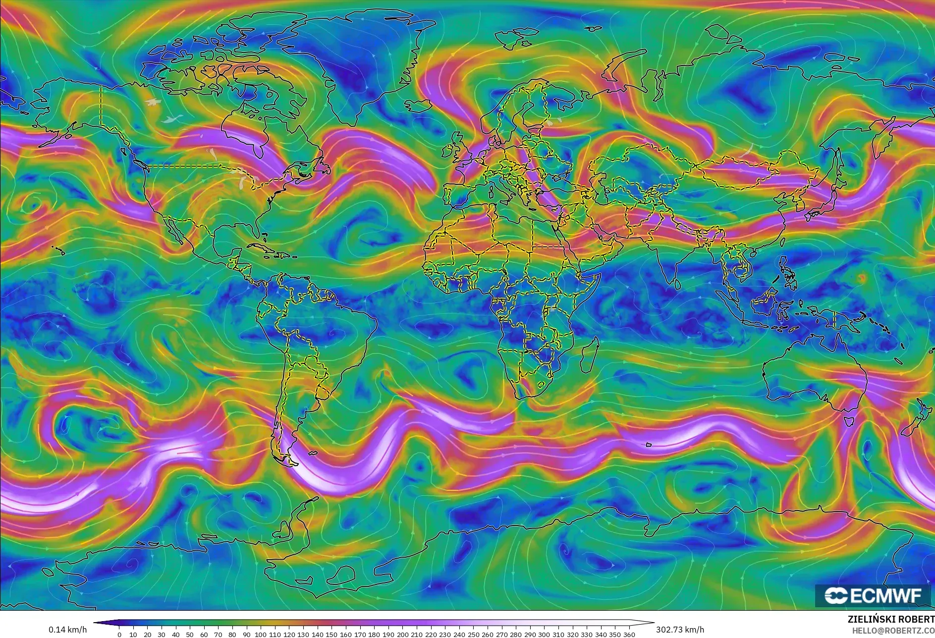 ECMWF IFS 0.25° model - Dunia, Angin 300 hPa (aliran jet)