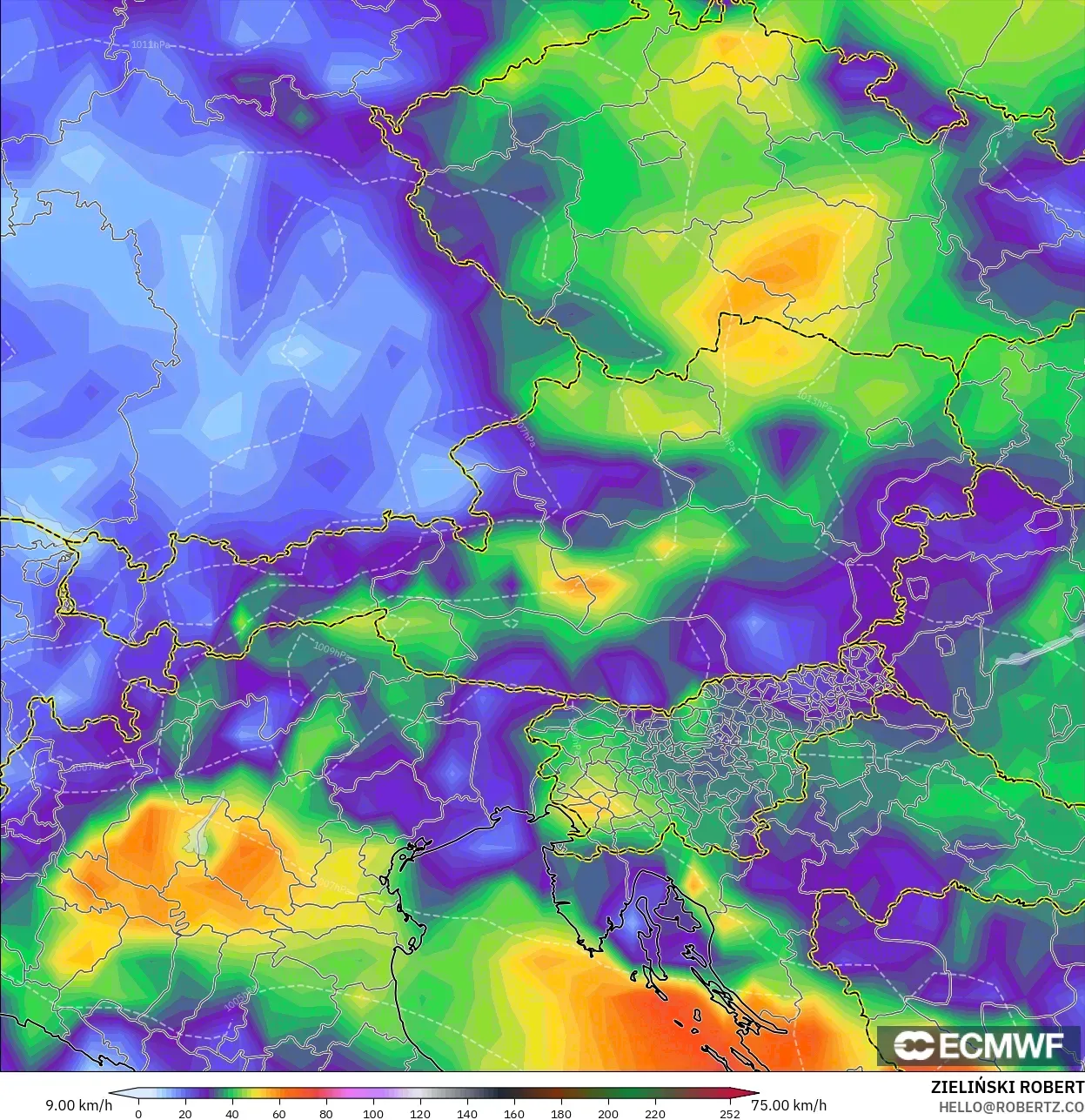 ECMWF IFS 0.25° model - Austria, Wind Gusts Peak