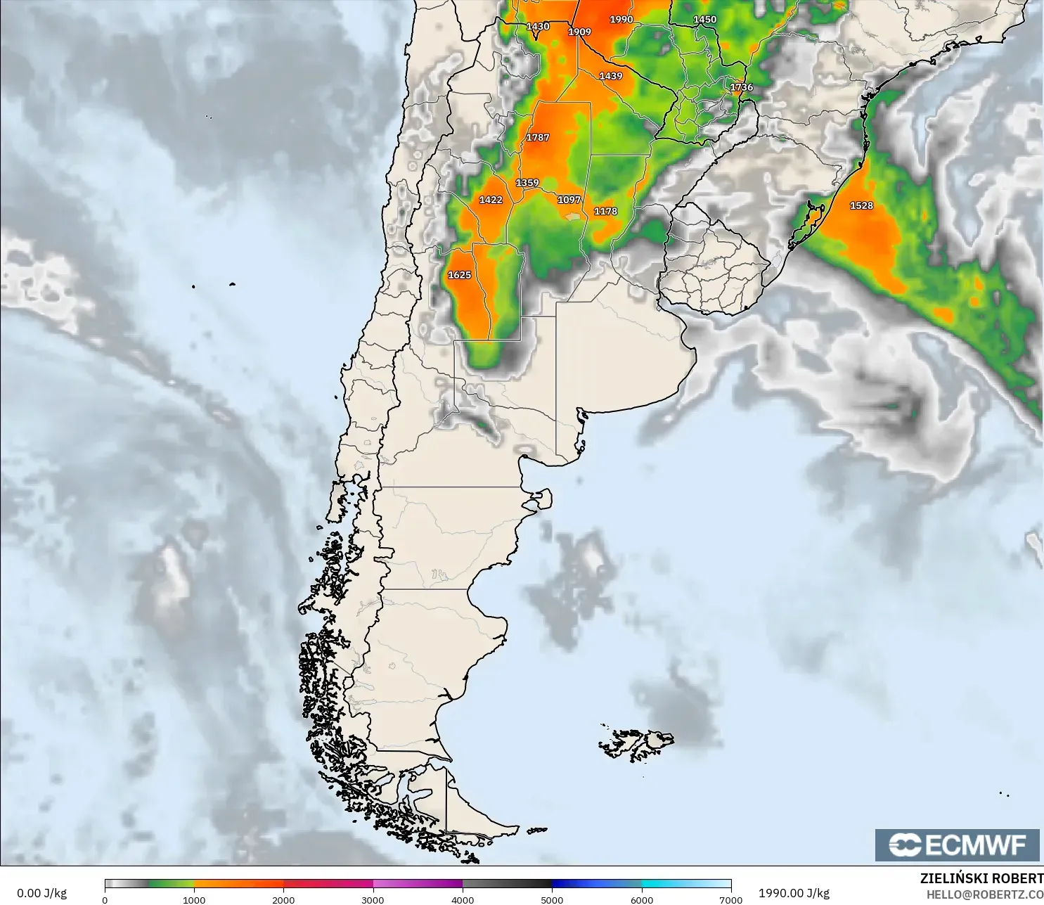 ECMWF IFS 0.25° model - Argentina, CAPE