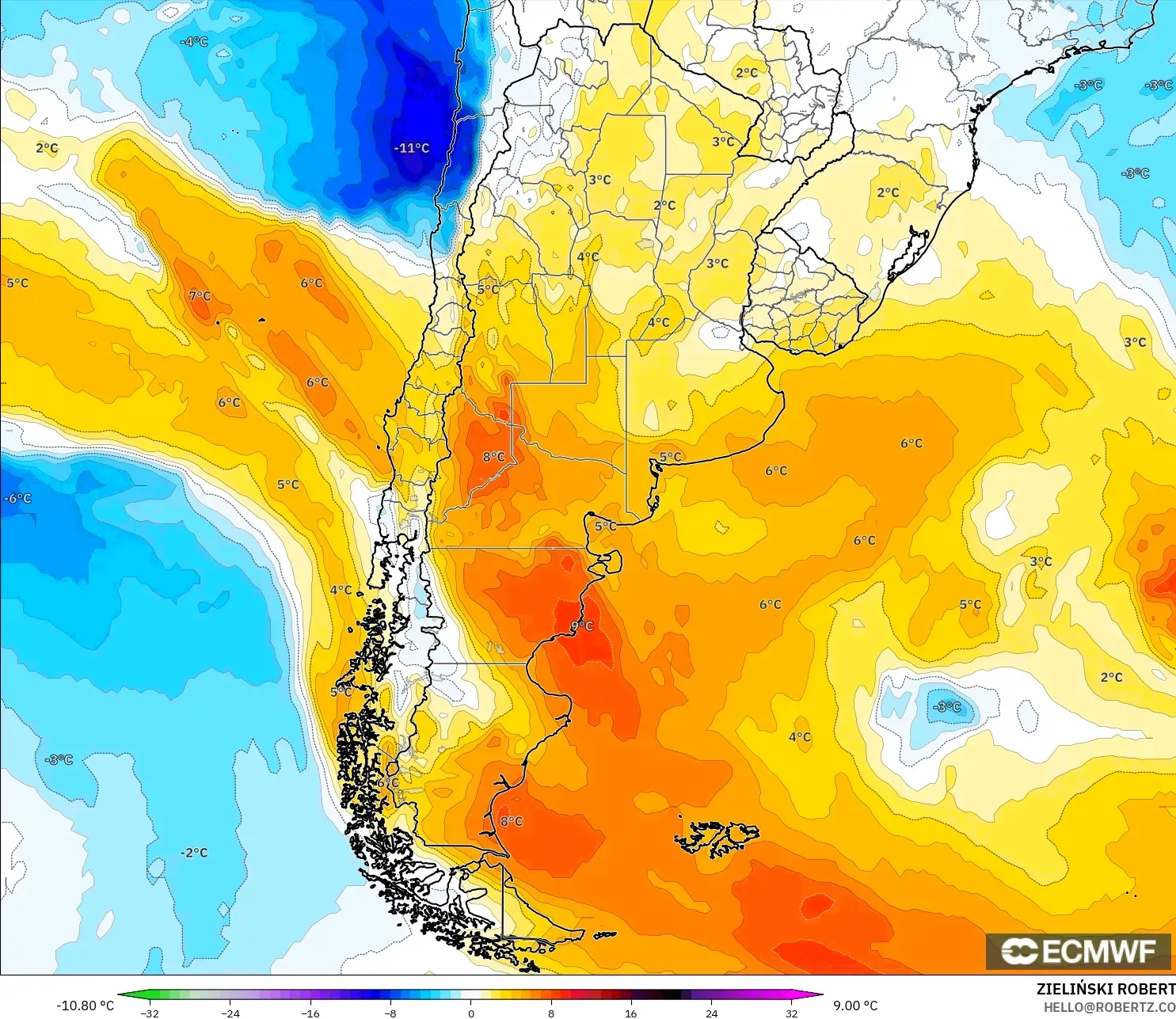 ECMWF IFS 0.25° model - Argentina, Temperature at 850hPa Anomaly