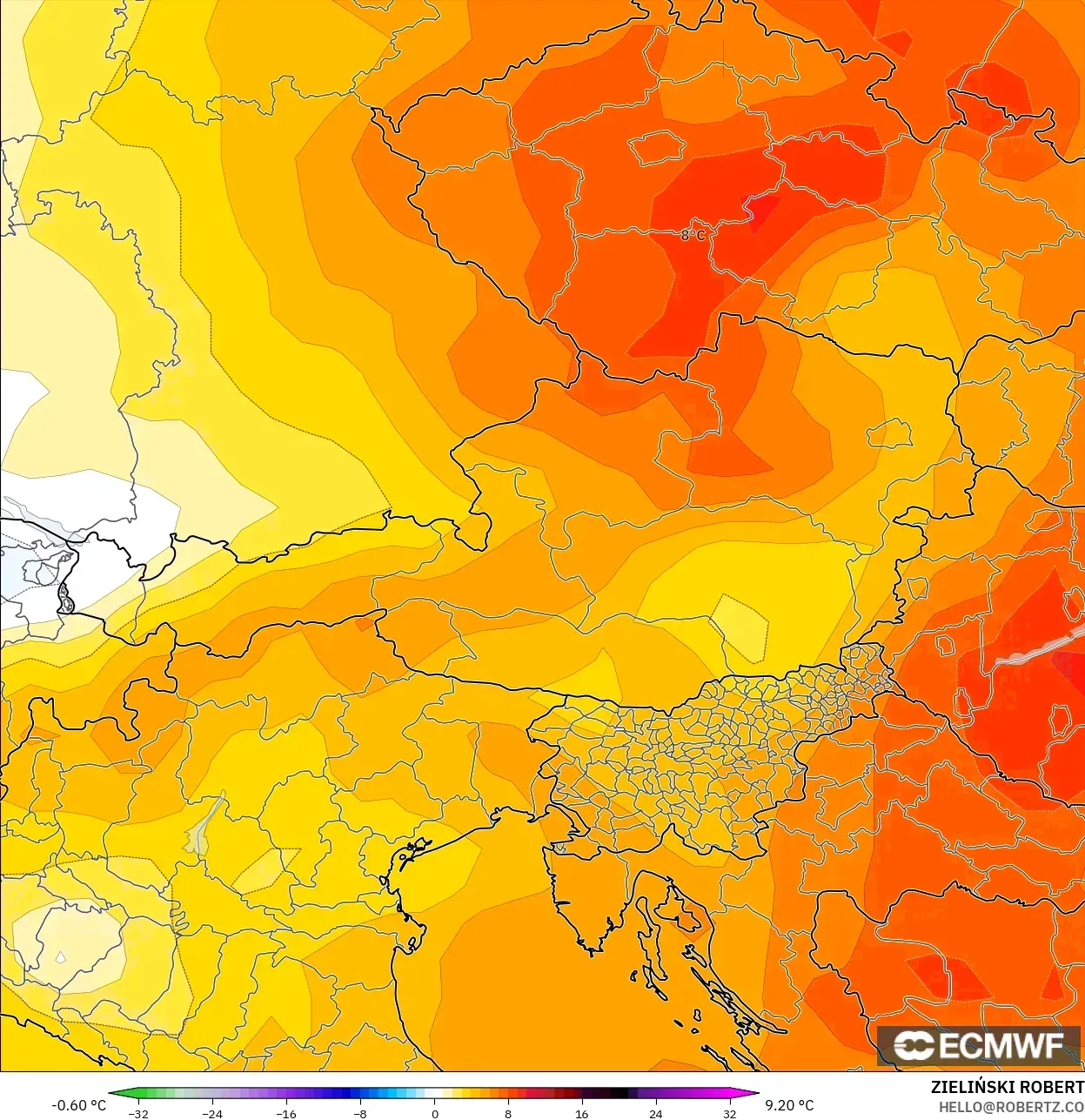 ECMWF IFS 0.25° model - Austria, Temperature at 850hPa Anomaly