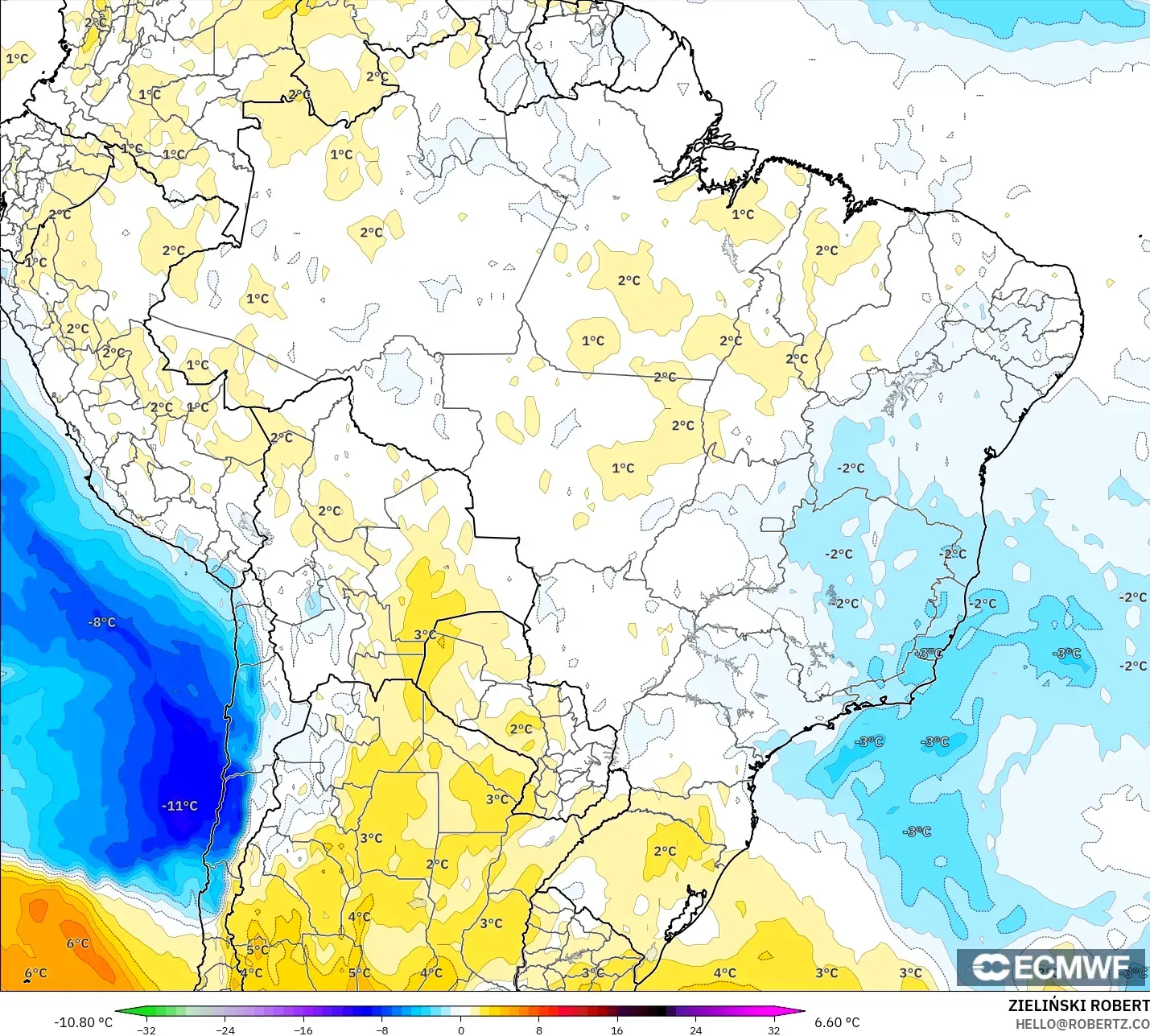 ECMWF IFS 0.25° model - Brazil, Temperature at 850hPa Anomaly