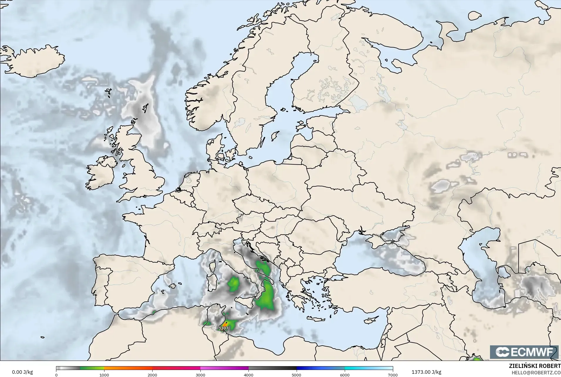 ECMWF IFS 0.25° model - Europe, CAPE