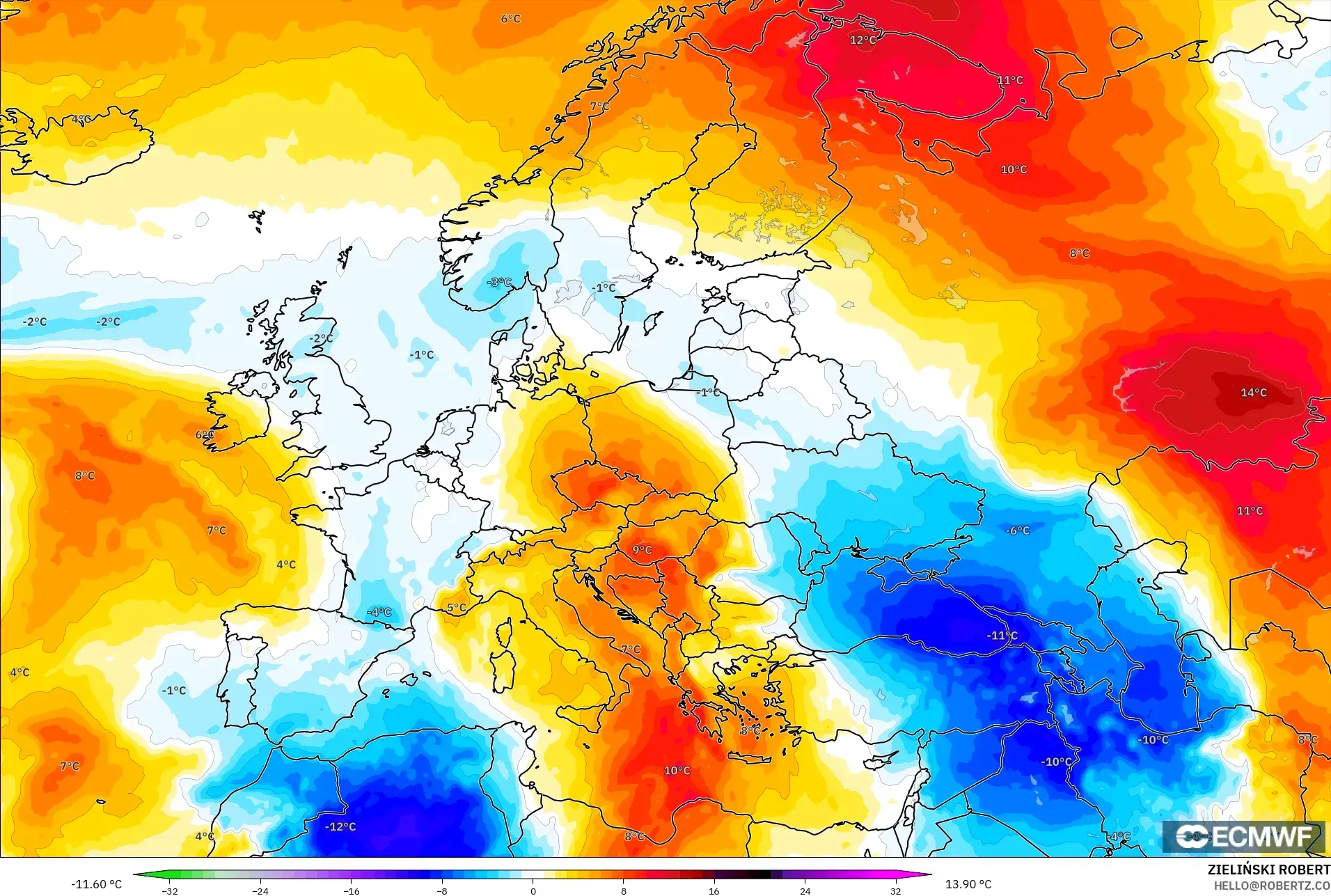 ECMWF IFS 0.25° model - Europe, Temperature at 850hPa Anomaly