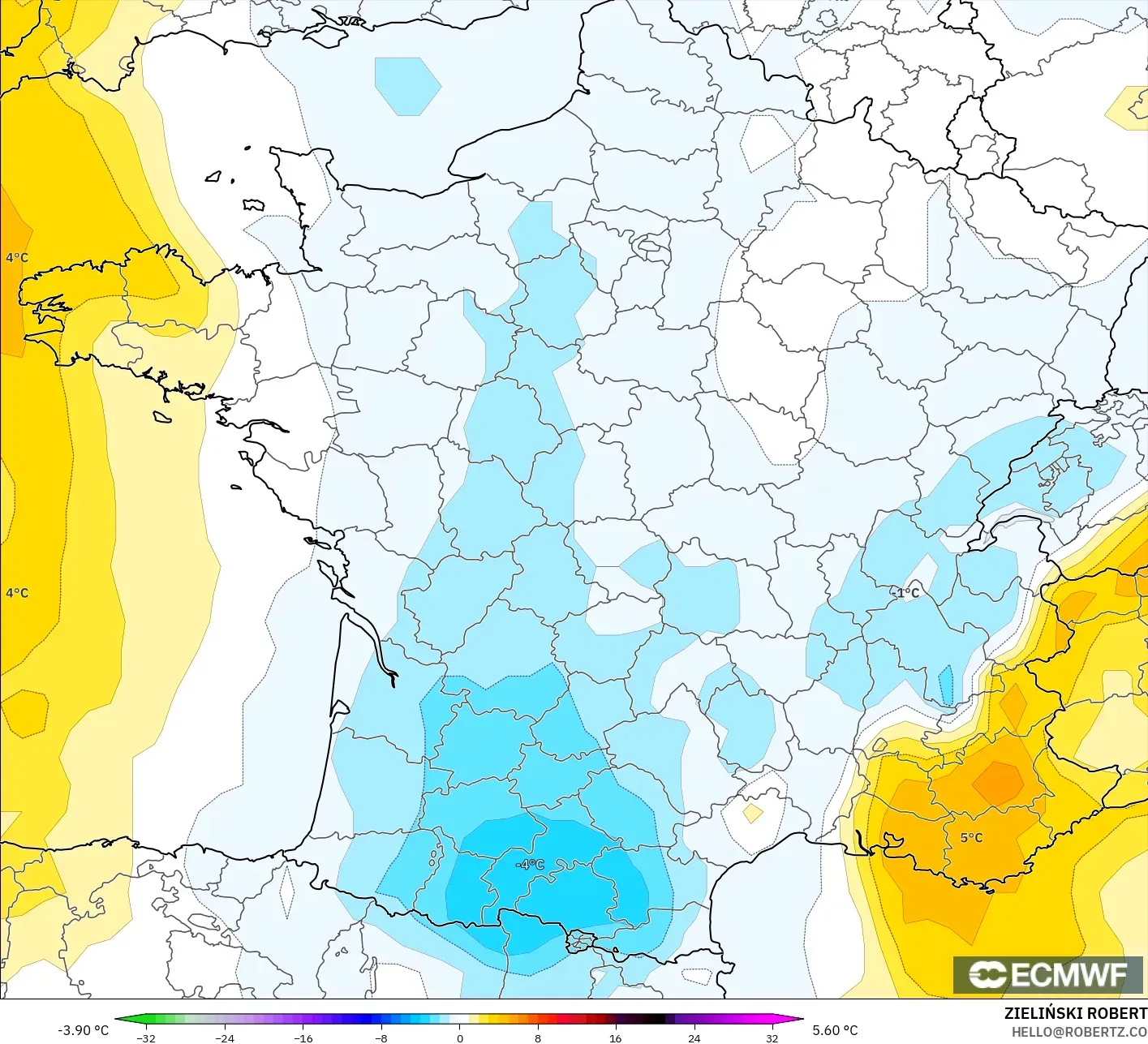 ECMWF IFS 0.25° model - France, Temperature at 850hPa Anomaly