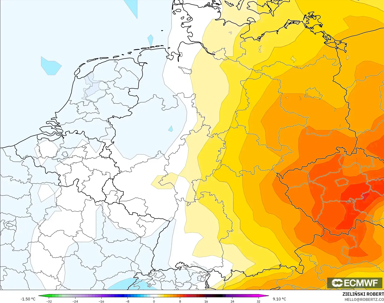 ECMWF IFS 0.25° model - Germany, Temperature at 850hPa Anomaly