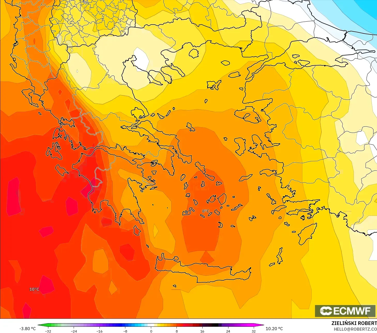 ECMWF IFS 0.25° model - Greece, Temperature at 850hPa Anomaly