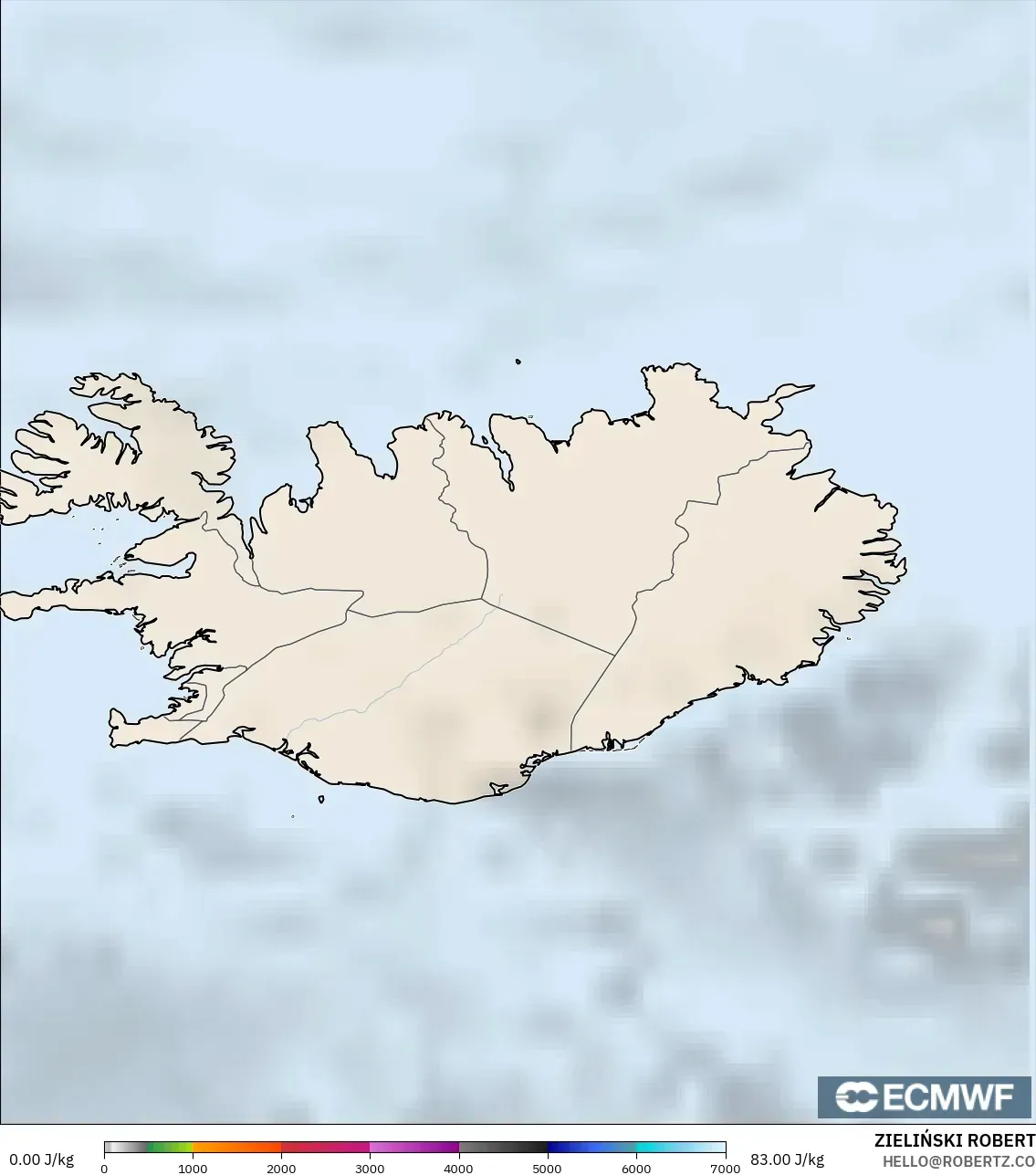 ECMWF IFS 0.25° model - Iceland, CAPE