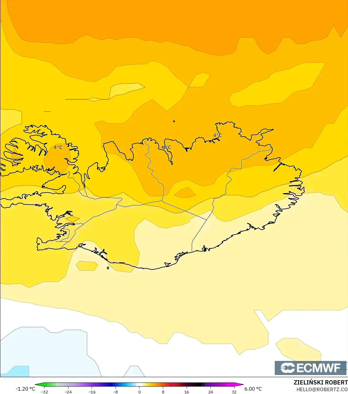 ECMWF IFS 0.25° model - Iceland, Temperature at 850hPa Anomaly