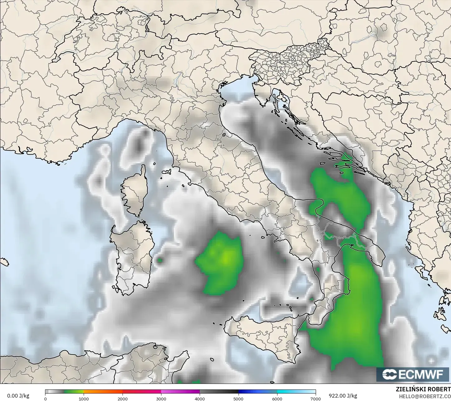 ECMWF IFS 0.25° model - Italy, CAPE