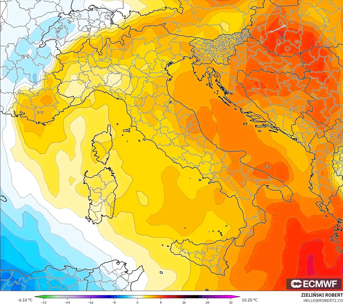 ECMWF IFS 0.25° model - Italy, Temperature at 850hPa Anomaly