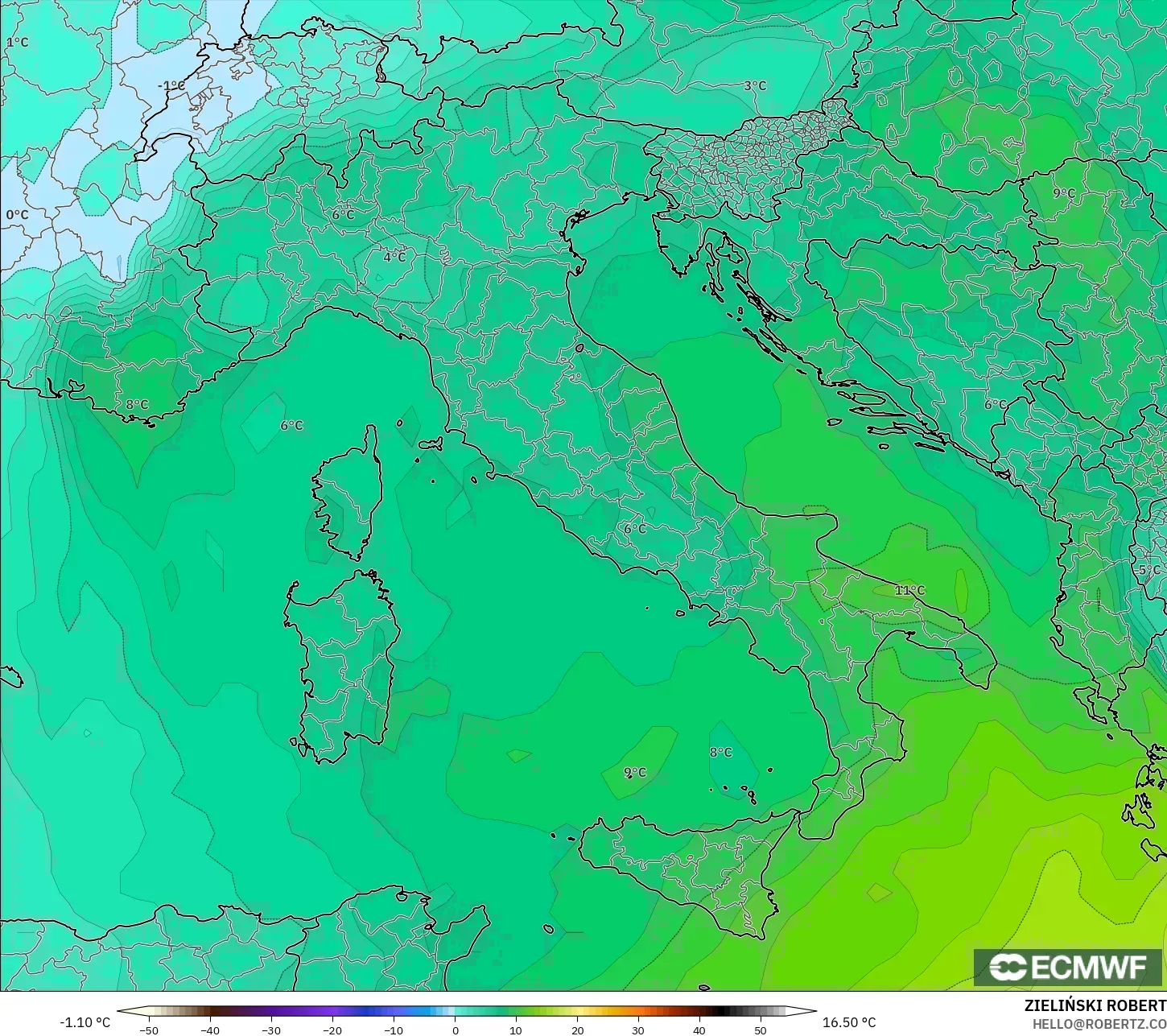 ECMWF IFS 0.25° model - Italy, Temperature at 850hPa