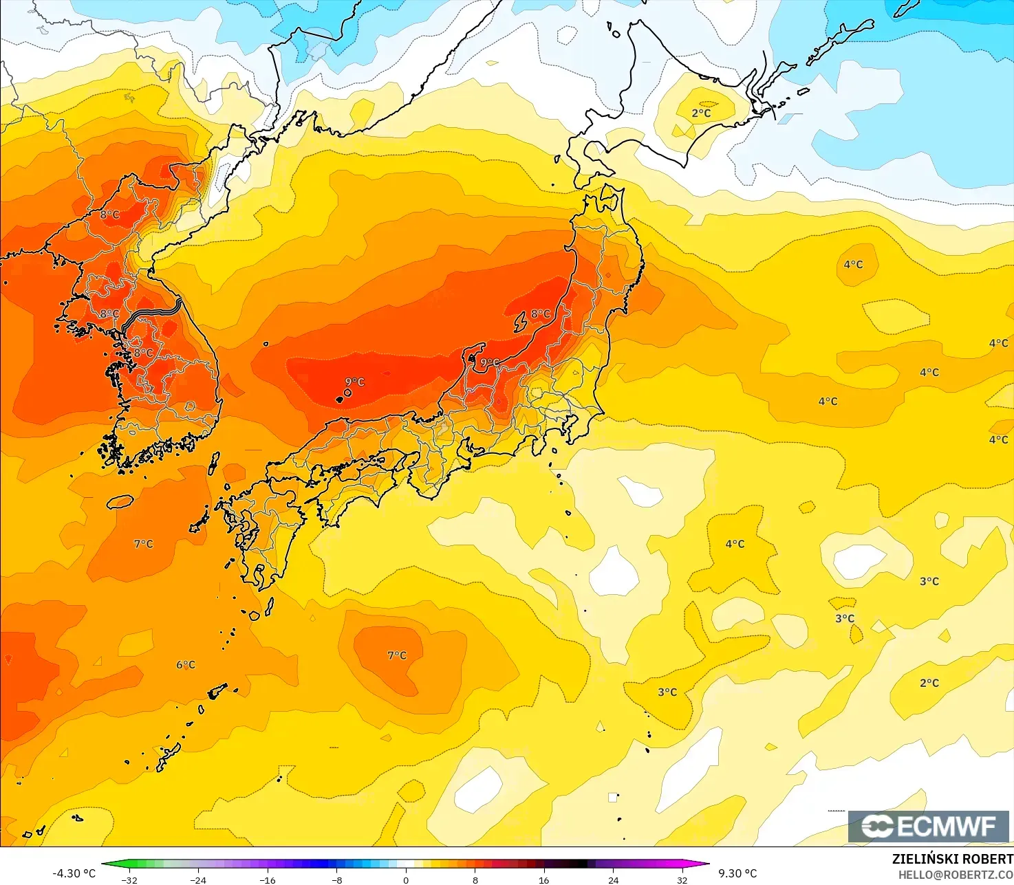 ECMWF IFS 0.25° model - Japan, Temperature at 850hPa Anomaly