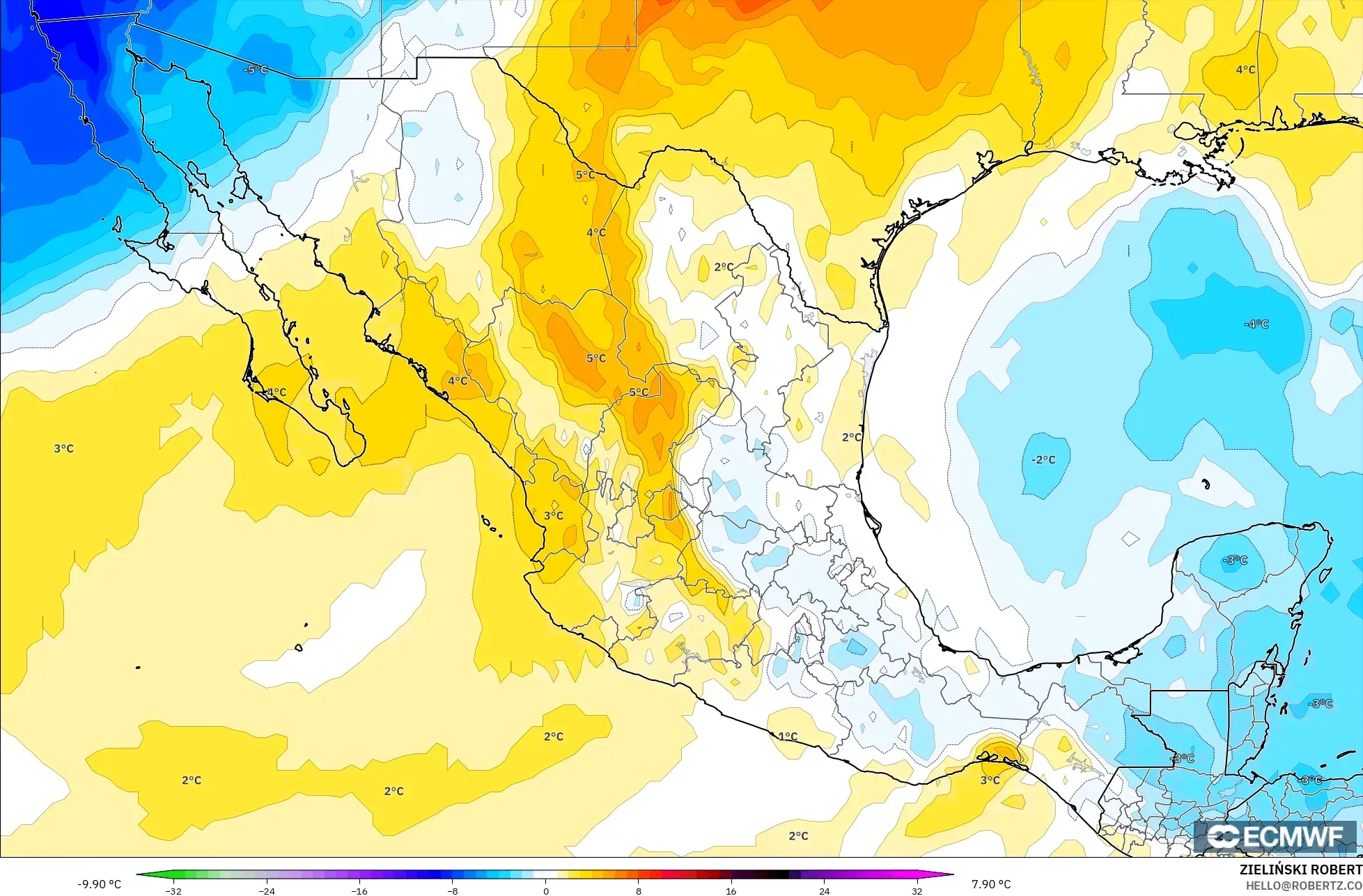 ECMWF IFS 0.25° model - Mexico, Temperature at 850hPa Anomaly