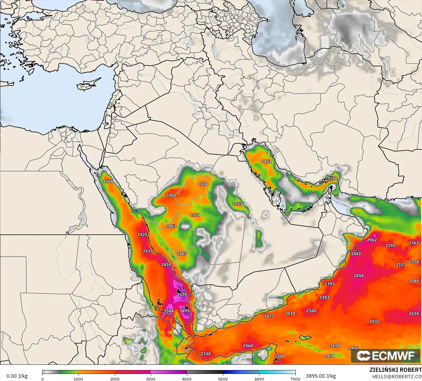 ECMWF IFS 0.25° model - Middle East, CAPE