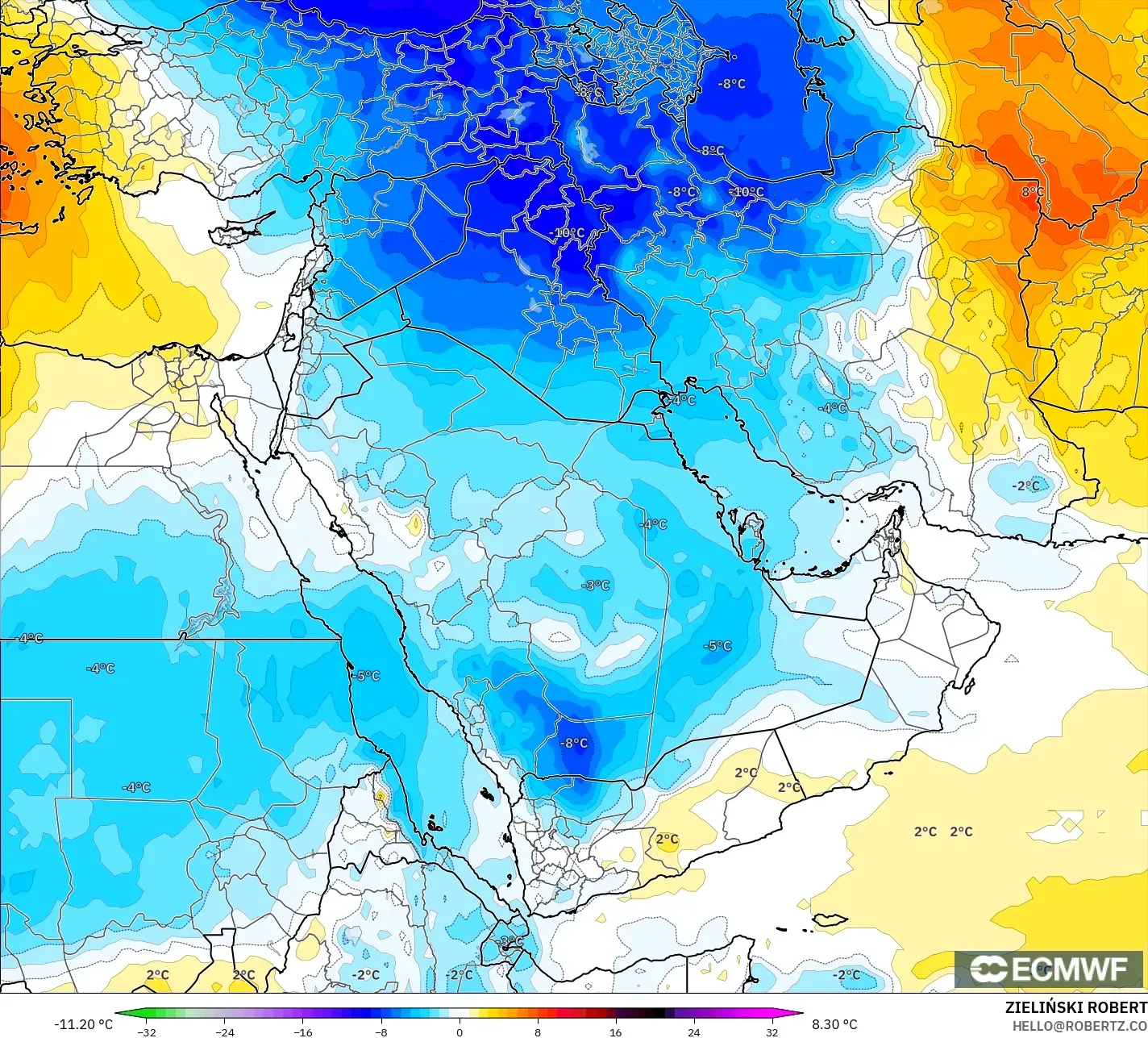 ECMWF IFS 0.25° model - Middle East, Temperature at 850hPa Anomaly