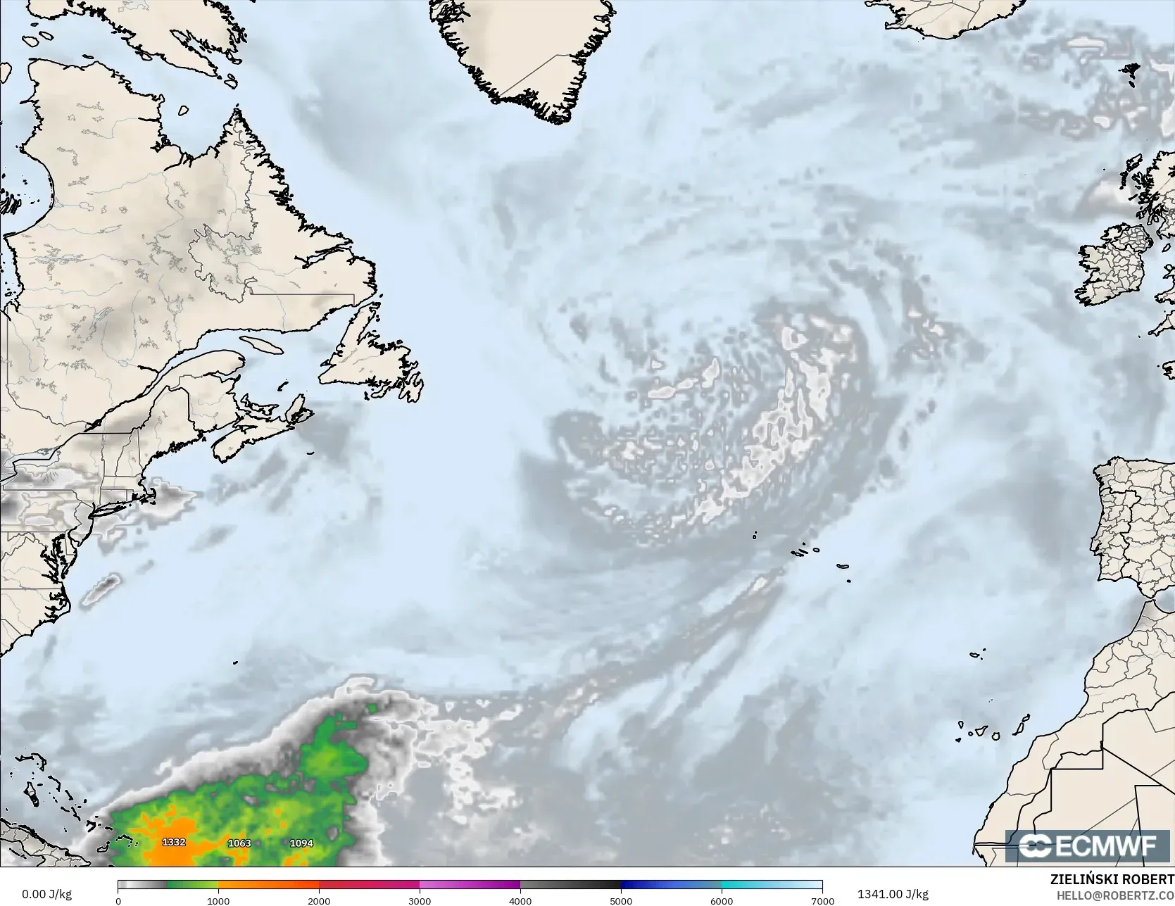 ECMWF IFS 0.25° model - North Atlantic, CAPE